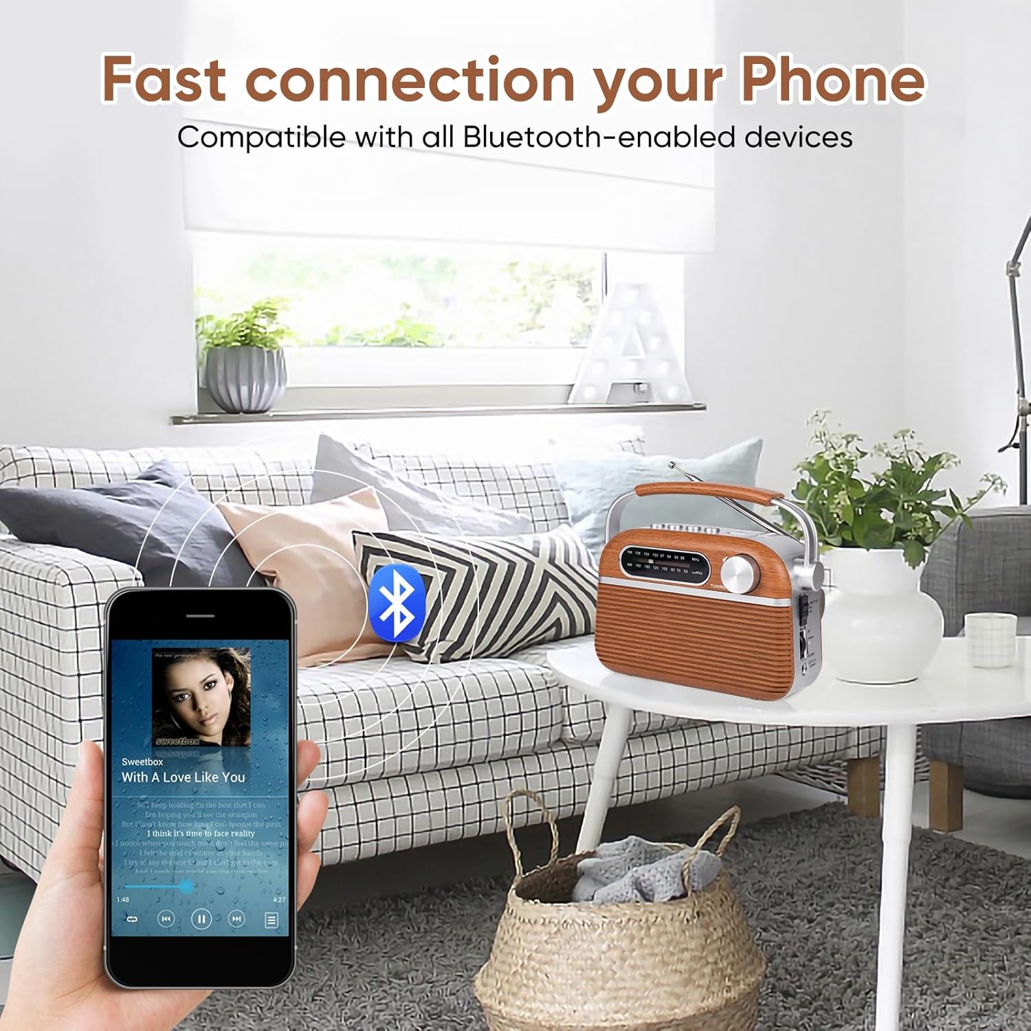 ONGTEED Radio analógica AM FM portátil enchufable de pared con altavoz Bluetooth, fuentes de alimentación de 3 vías, batería recargable incorporada,