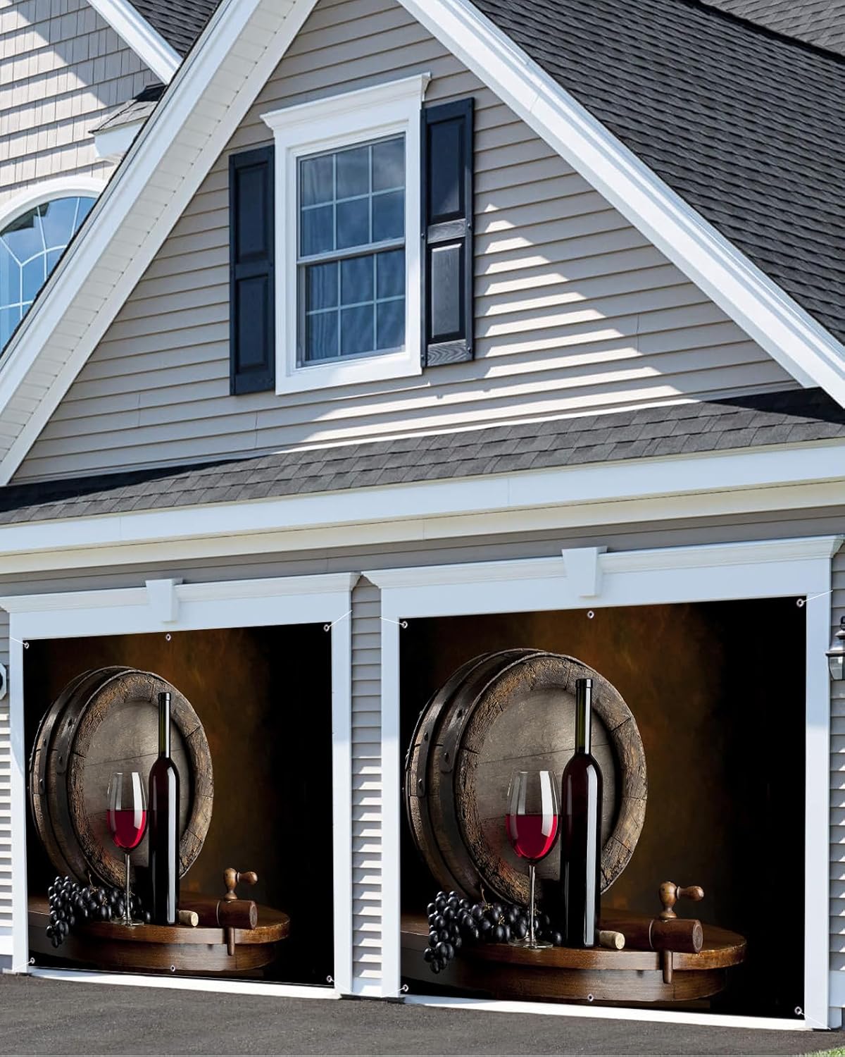 Red White Wine Glasses Garage Door Decorations, Wooden barrel Art Garage Door Banner Cover with Grommets, Garage Door Mural Backdrop Decoration for