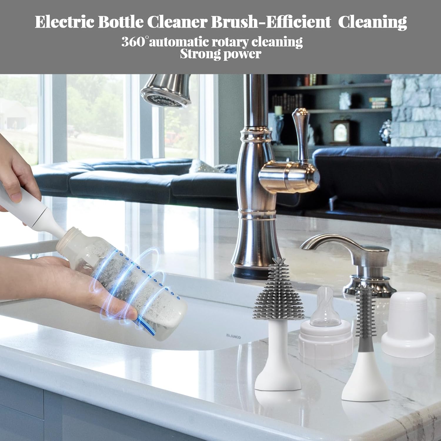 Cepillo de limpieza eléctrico con limpiador de cepillo eléctrico recargable por USB y 3 cepillos de silicona reemplazables para botellas y cepillo