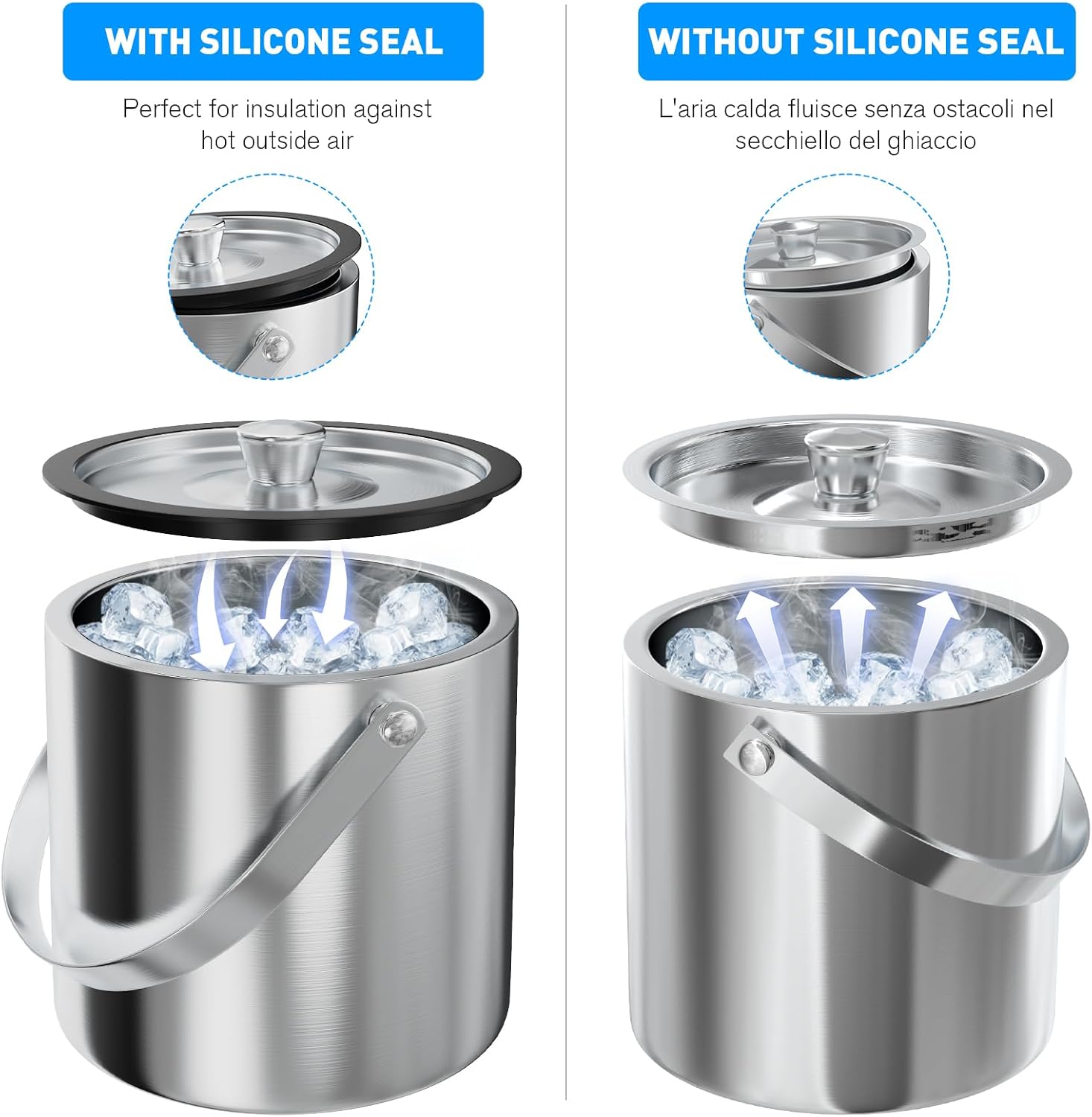 Cubo de hielo de 2 litros con tapa de silicona, colador, pinzas, pequeño cubo de hielo de acero inoxidable aislado de doble pared para cócteles y