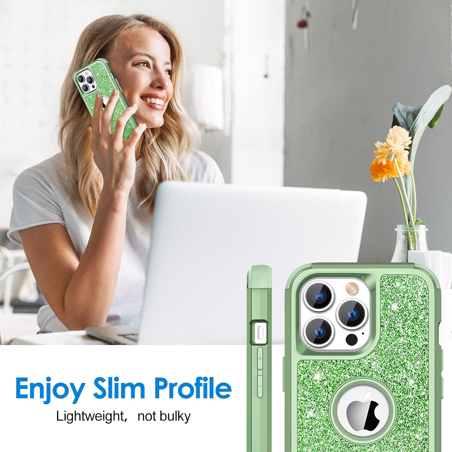 Hython Funda para iPhone 13 Pro Max con purpurina, bonita funda brillante brillante, resistente 3 en 1, híbrida de policarbonato duro suave de