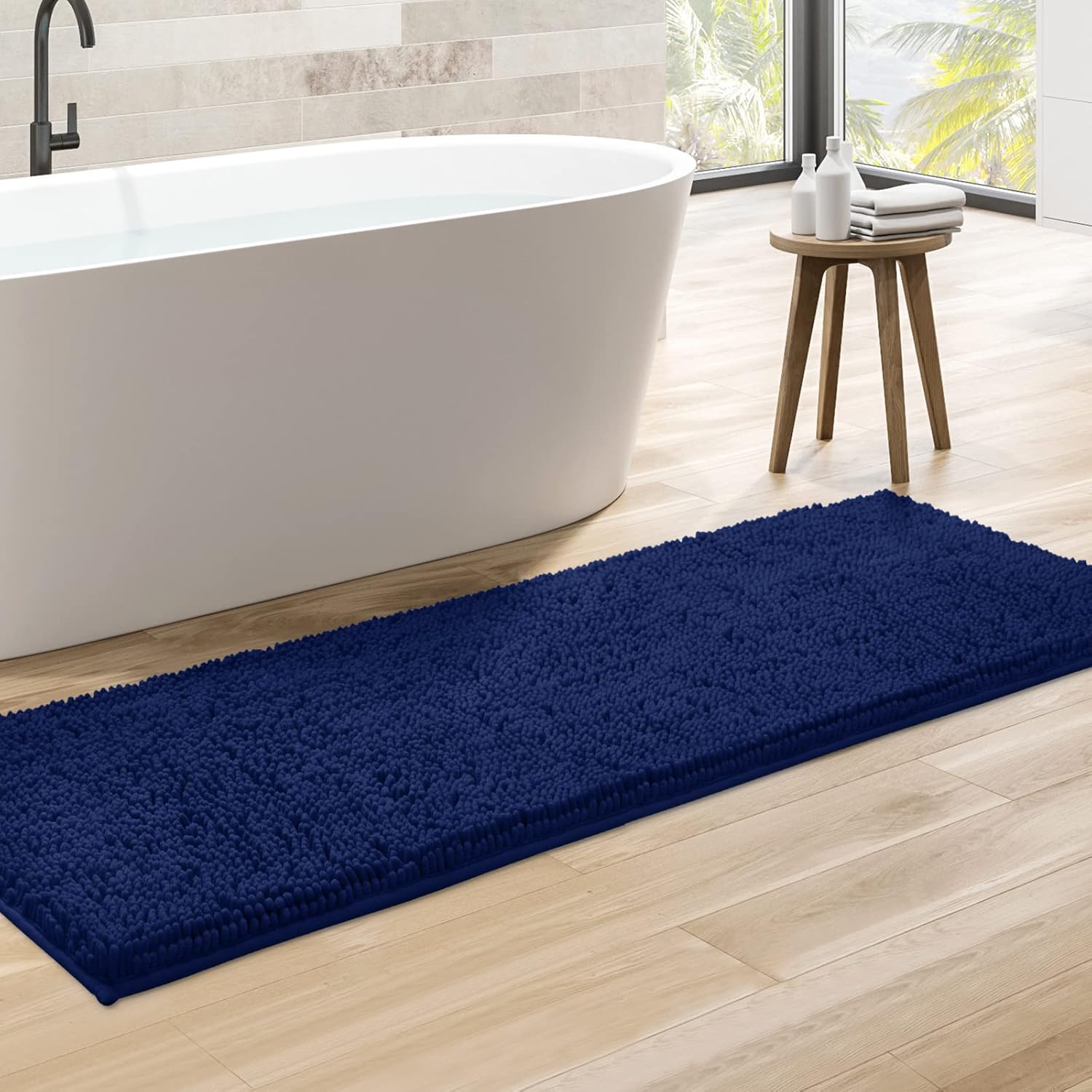 HOMEIDEAS Alfombra de baño azul marino de 20 x 60 pulgadas, ultra suave y absorbente, antideslizante, alfombra de baño larga, felpa de felpilla