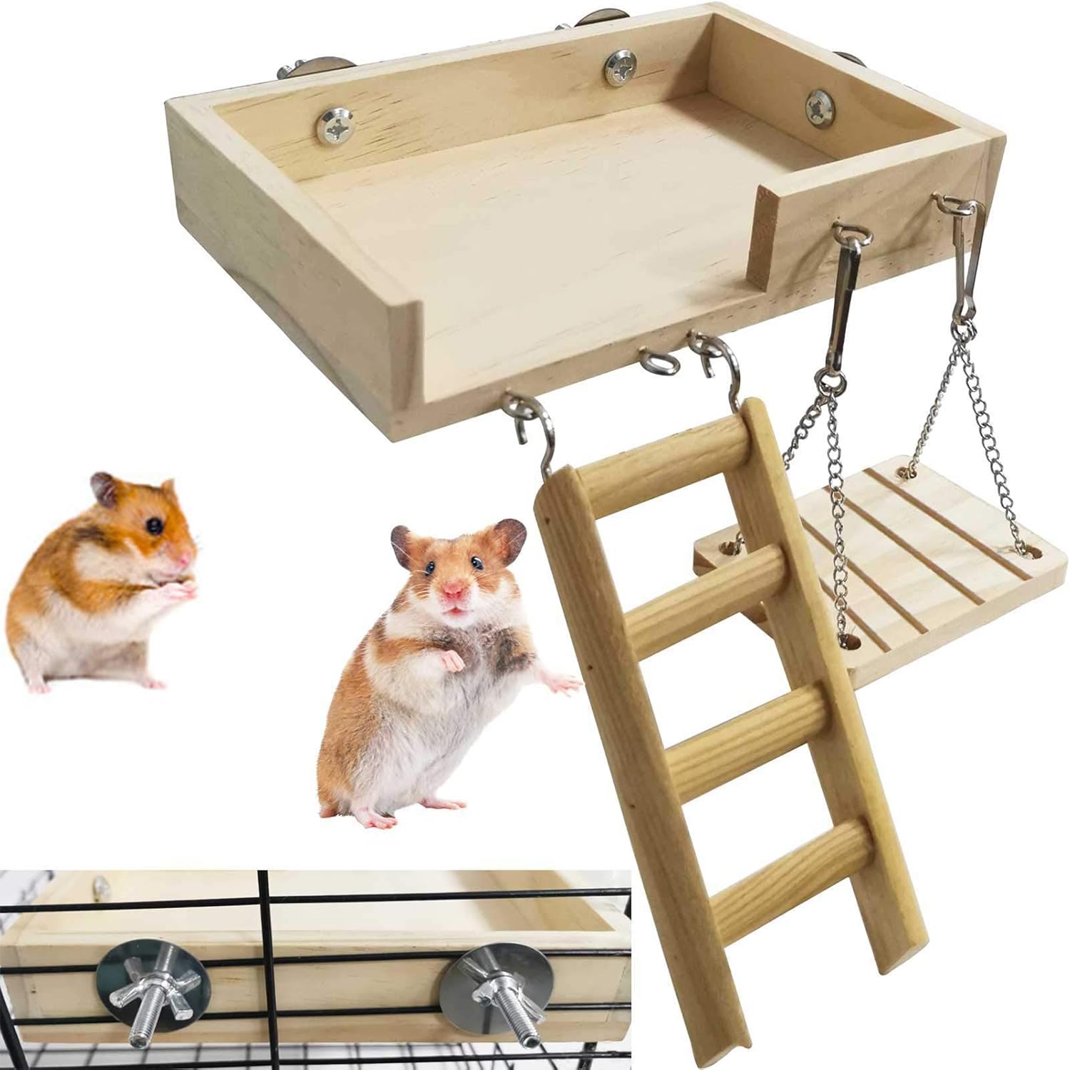 kathson Juego de juguetes de hámster con plataforma, escalera, columpio, 5 piezas de madera para escalar, accesorios para jerbos, hámsters enanos,