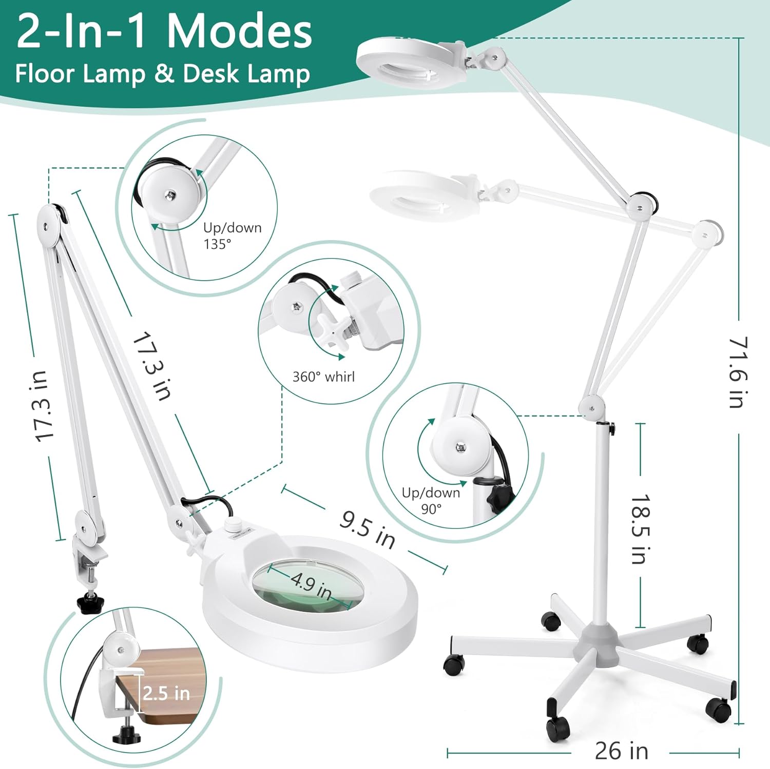 Lupa 10X con luz y soporte, lámpara de pie con base rodante de 5 ruedas para tratamientos faciales esteticistas de pestañas, 1,500 lúmenes regulable