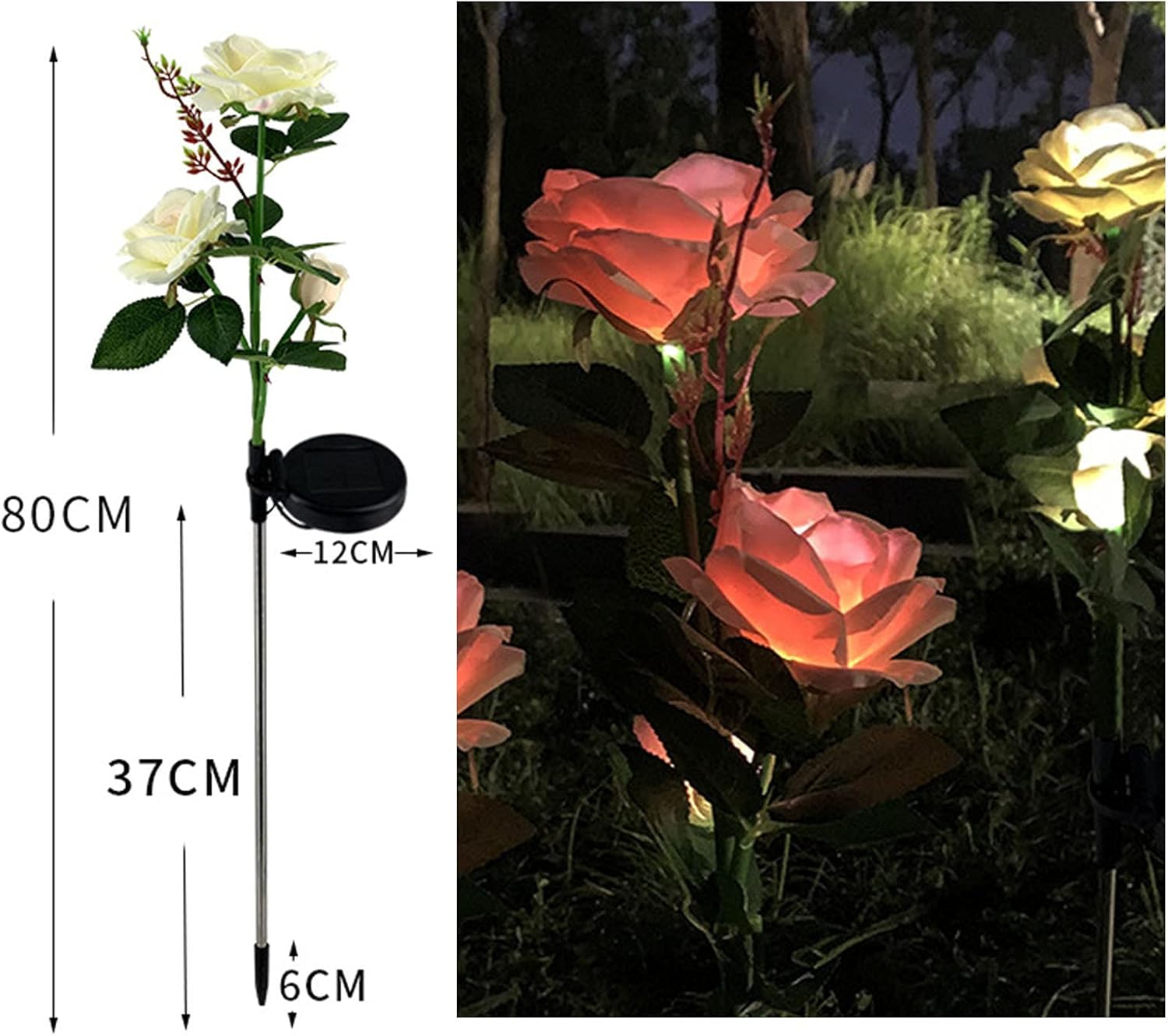 Flores artificiales, rosas falsas, plantas de imitación para interiores, luces rojas, cabeza solar LED para decoración de jardín, lámpara solar para