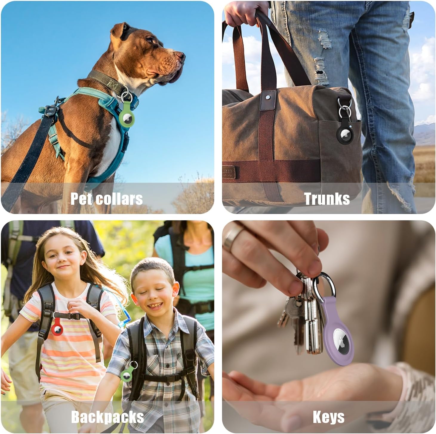 R-fun Soporte para Airtag con llavero, 4 unidades Funda de silicona impermeable para AirTag con llaveros para cartera, collar de perro, equipaje y