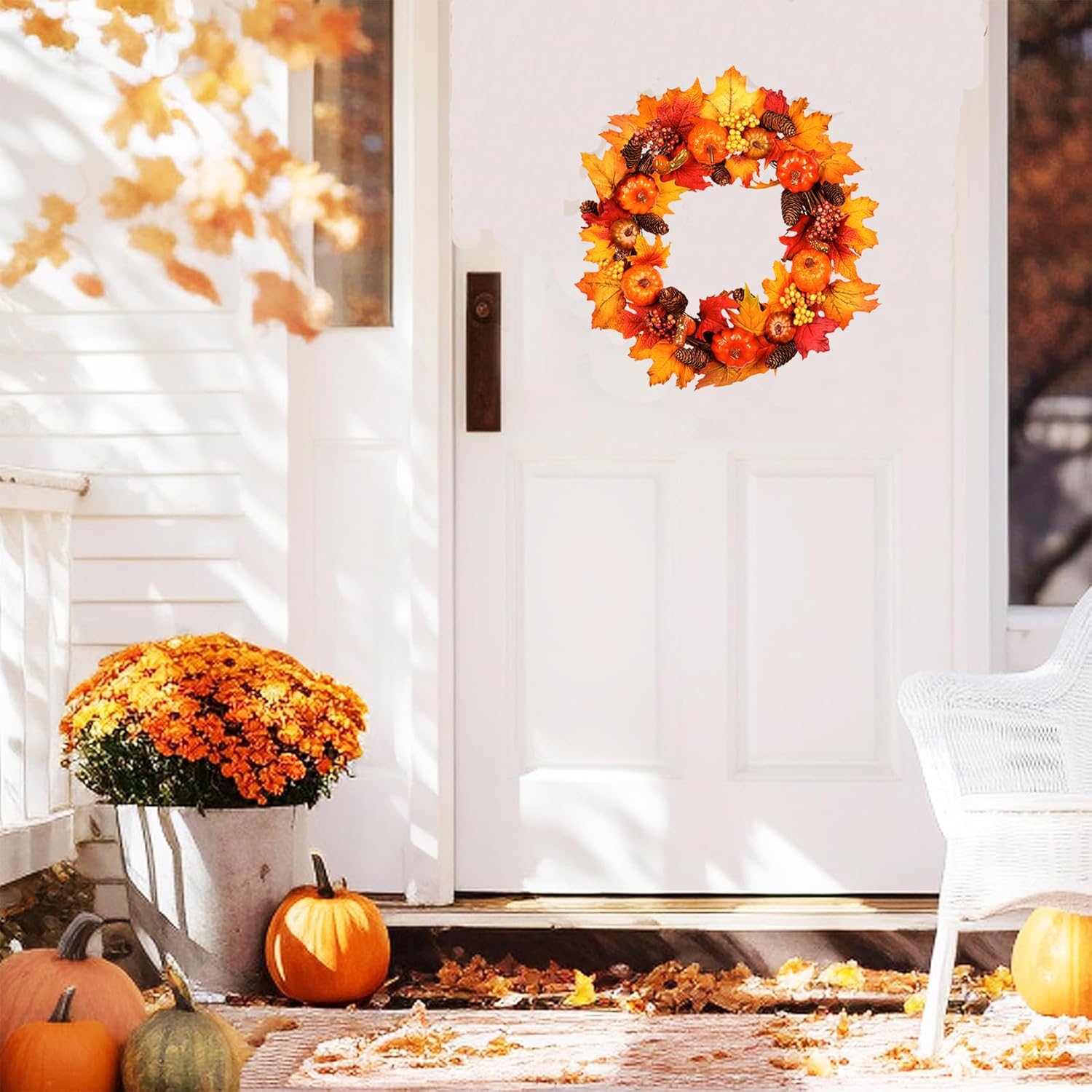Corona de otoño de 16 pulgadas para puerta delantera, coronas de calabazas artificiales, corona de cosecha de otoño artificial con hojas de arce,