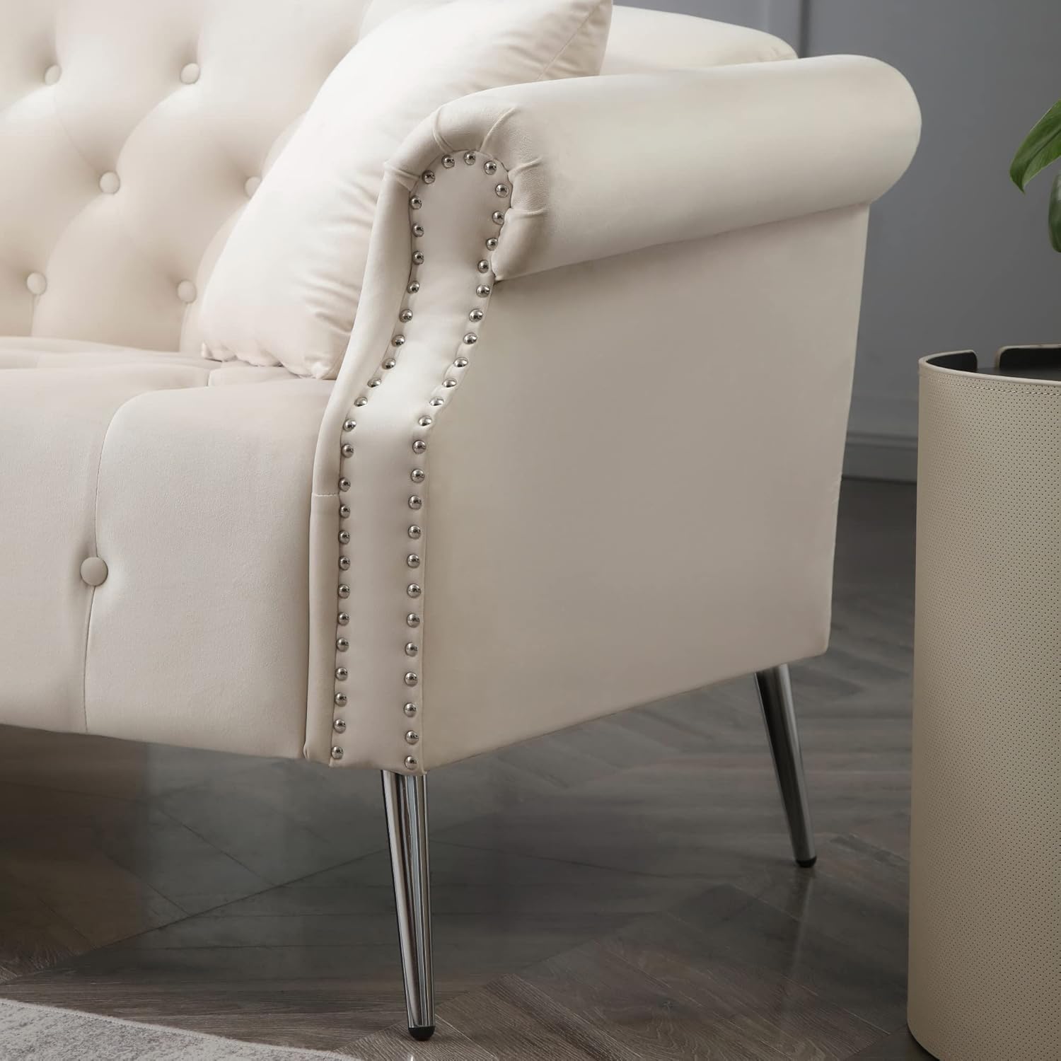 Holaki Chesterfield – Sofá de terciopelo de 59.4 pulgadas, moderno, tapizado, clásico, con botones copetudos, con brazos enrollados, patas de metal