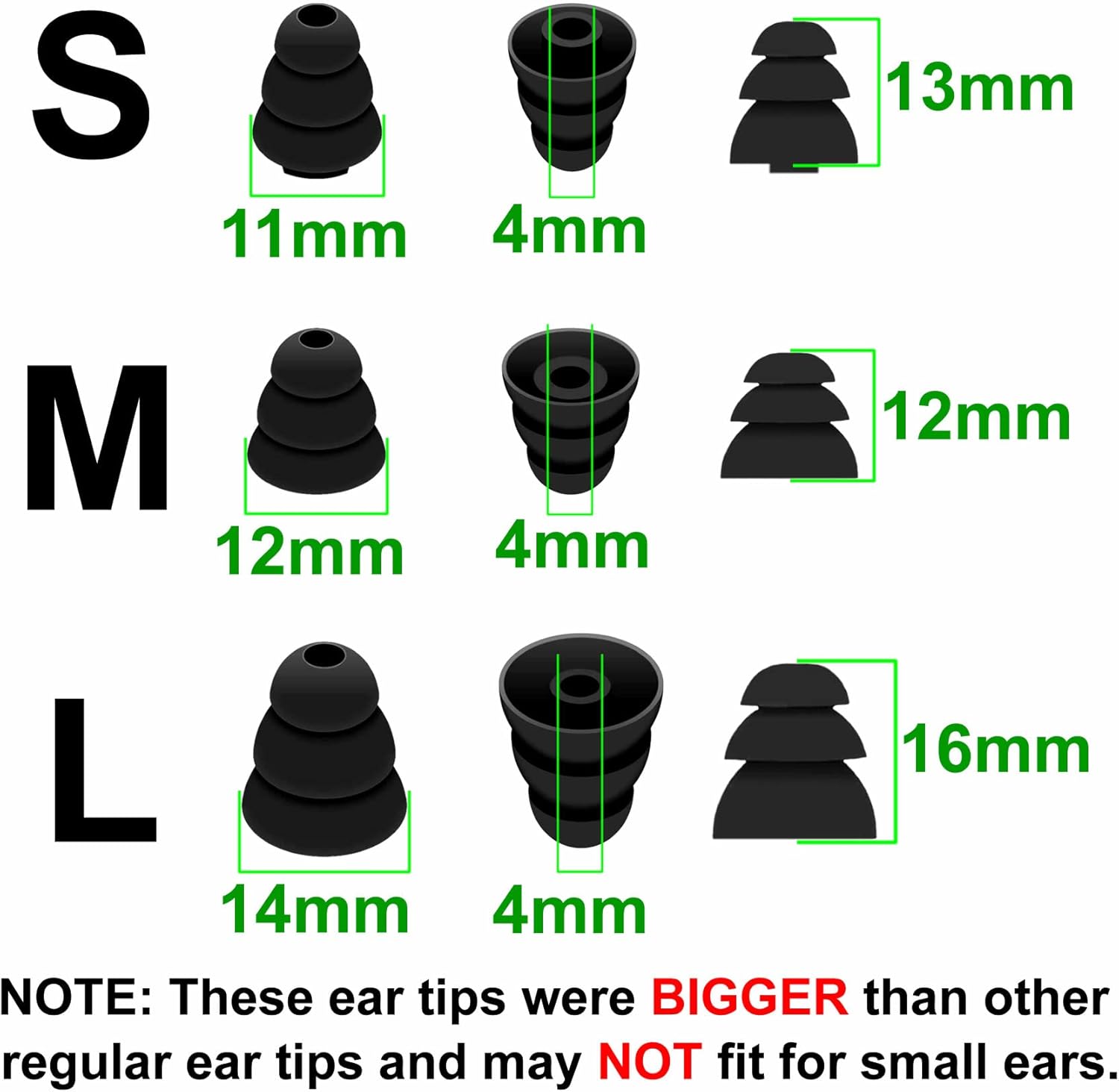 9 pares de puntas de oreja de triple brida con aislamiento de ruido, tapones de gel con orificio interior de 0.157 in para diámetro interior de