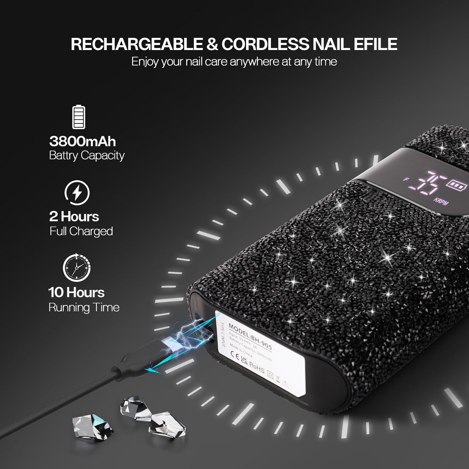 Lavinda Taladro de uñas profesional, kit de taladro eléctrico para uñas de gel acrílico, 35000 rpm, taladro de uñas portátil inalámbrico con