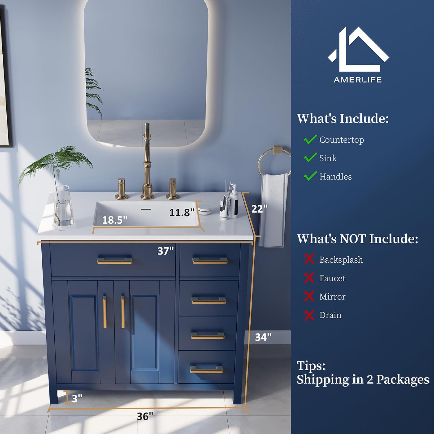 Combinación de tocador de baño de 36 pulgadas con lavabo, moderno juego de gabinete de baño individual pequeño, incluye encimera de 37 pulgadas y