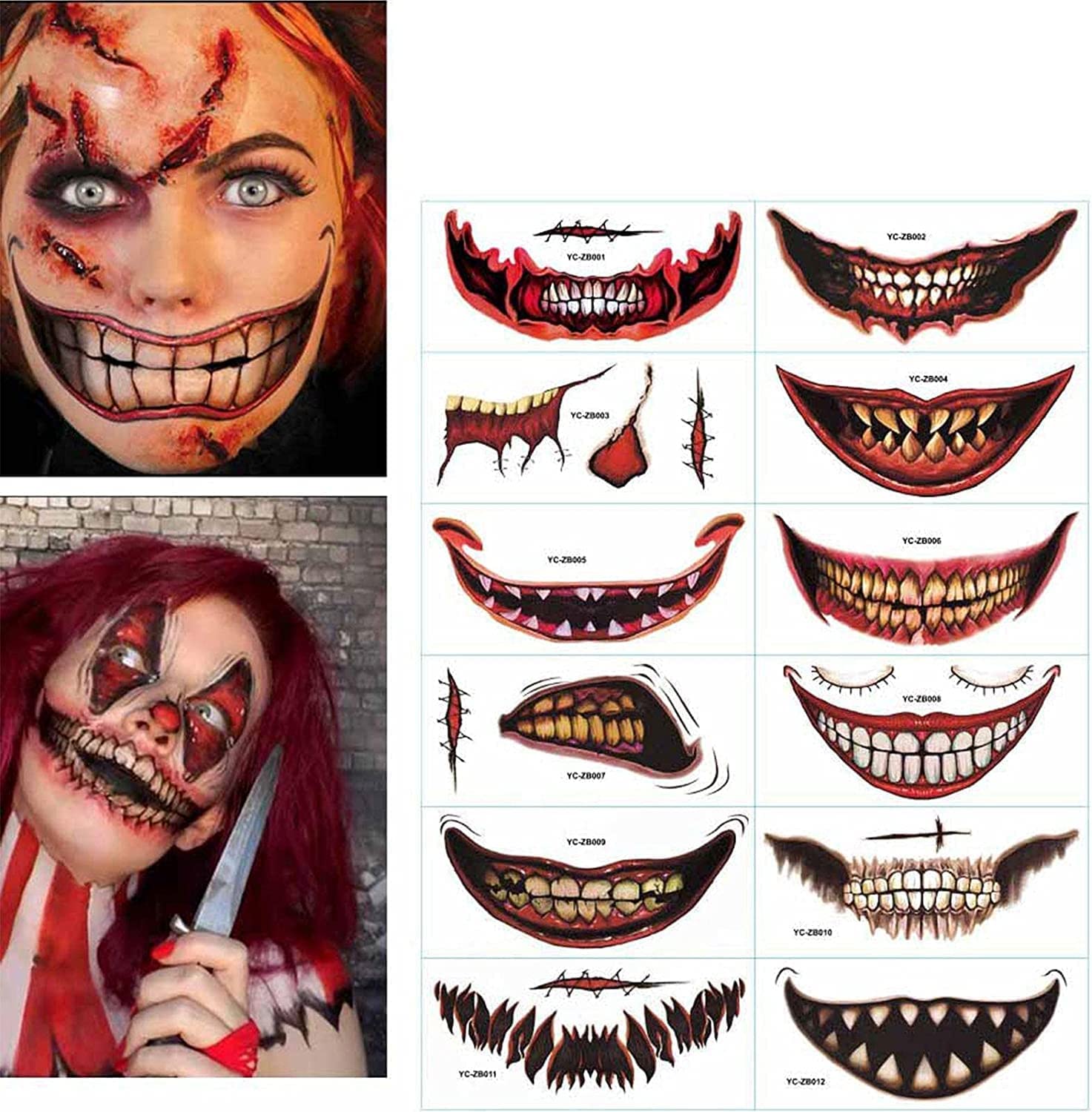 Maquillaje de broma de Halloween, tatuajes temporales de cara grande de Halloween (paquete de 12)