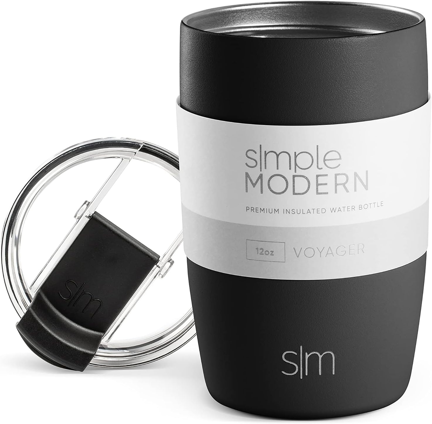 Simple Modern Voyager – Taza de viaje aislada con popote y tapa abatible transparente  Taza de café de acero inoxidable de 12 onzas, color negro