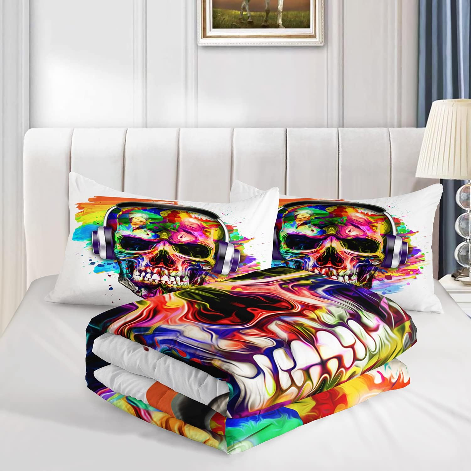 AILONEN Juego de edredón de calavera para adolescentes y niños, juego de ropa de cama con estampado de calavera, tamaño Queen, edredón superior