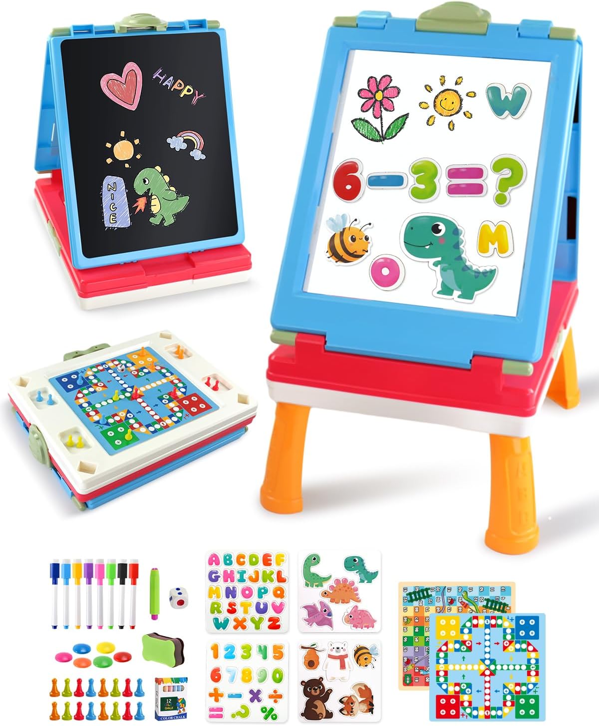 Caballete para niños, caballete de arte de doble cara 4 en 1 con pizarra y pizarra blanca magnética, caballete de mesa plegable para niños con