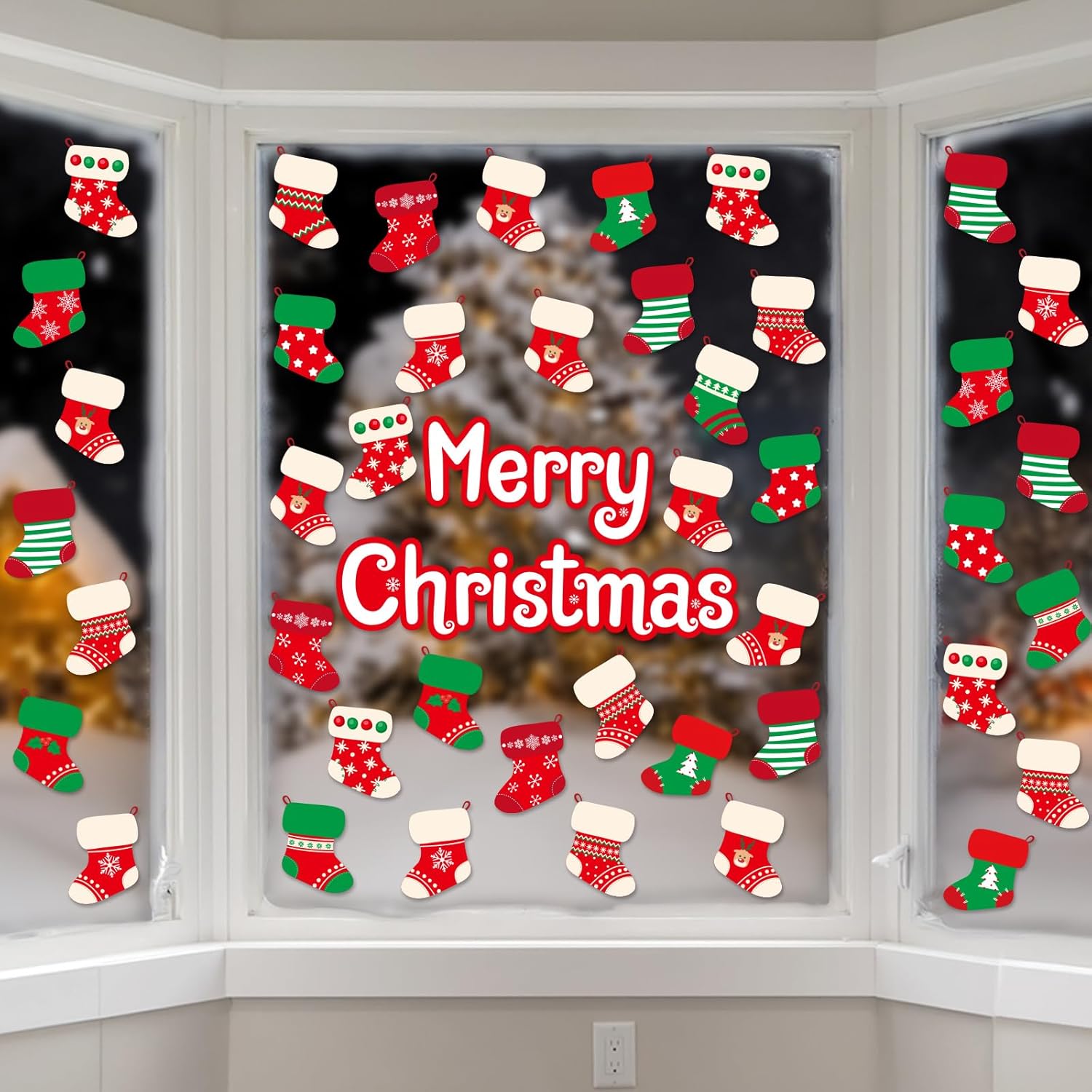 Medias de Navidad para ventana, calcomanías de Feliz Navidad, medias de vacaciones, calcomanías de ventana extraíbles para decoración de ventana