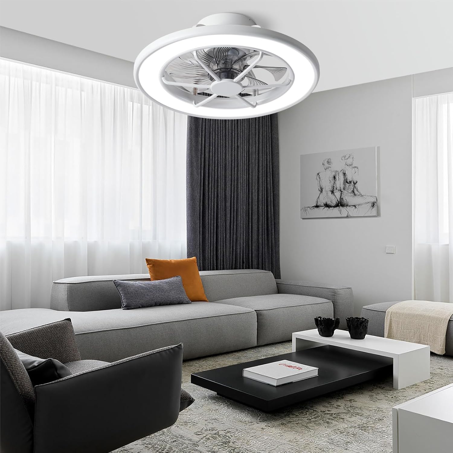 ocioc Ventiladores de techo de perfil bajo con luces, ventiladores de techo inteligentes de 18 pulgadas con AlexaGoogle AssistantApp Control que