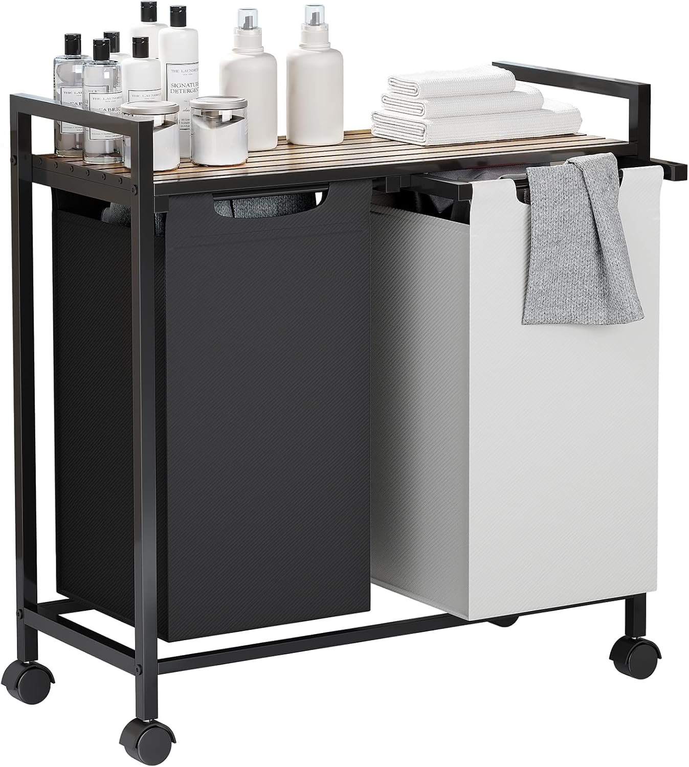 ZERDER Cesta de lavandería, 2 cestas de lavandería en blanco y negro, con estante superior y 4 ruedas universales, bolsas clasificadoras de
