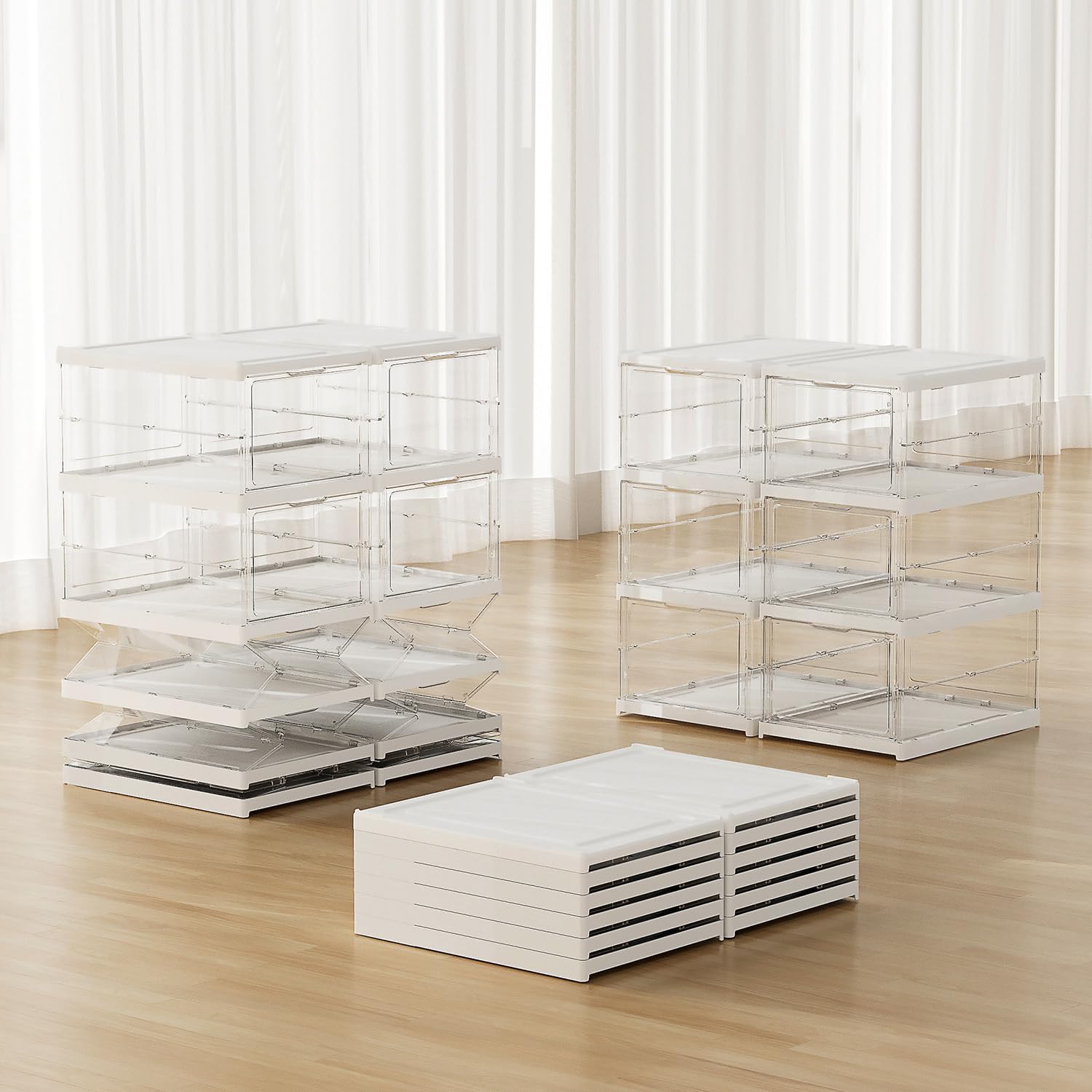 Cajas de almacenamiento de zapatos apilables transparentes, no requiere montaje, organizador de zapatos transparente con tapas, estante de plástico