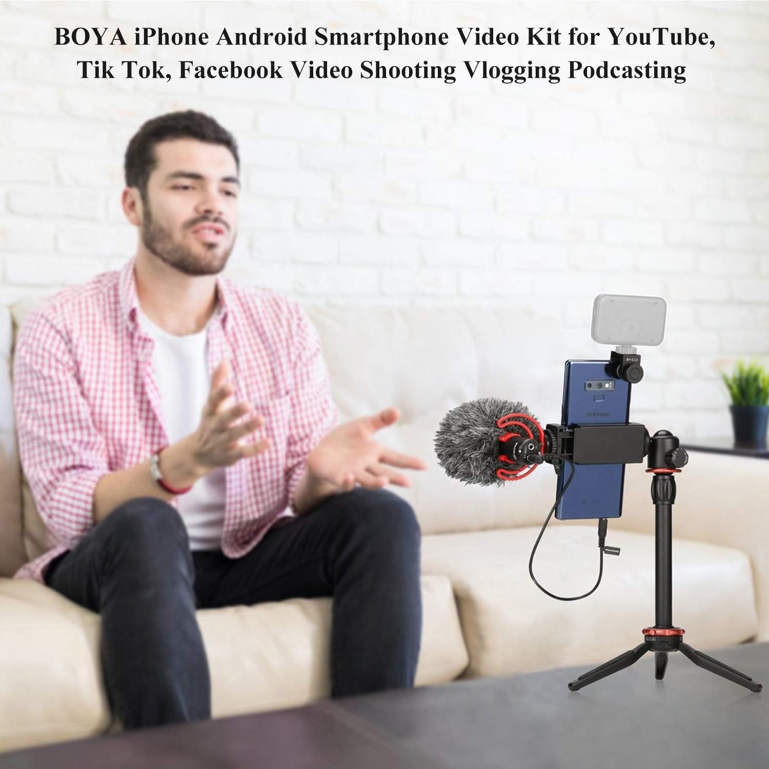 BOYA Kit de video para teléfono inteligente con micrófono de escopeta by-MM1, mini trípode estabilizador de abrazadera para teléfono para iPhone,