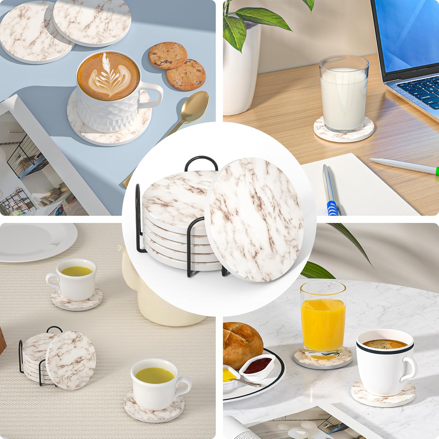 Posavasos absorbentes con soporte, juego de 6 posavasos absorbentes, posavasos de ágata de cerámica con mármol y base de corcho para mesa de café,