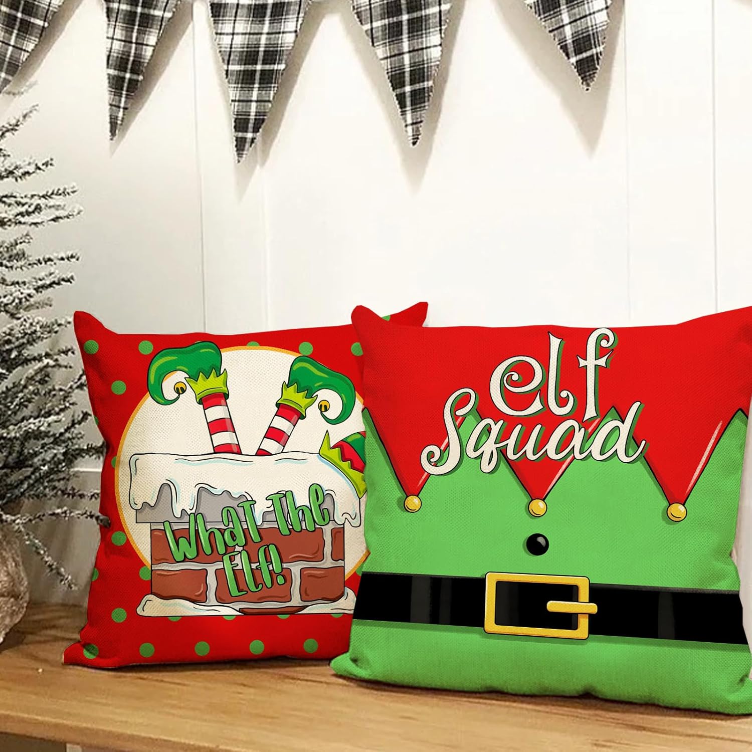 Fundas de almohada decorativas de escuadrón de elfos navideños, diseño de lunares y chimenea de Navidad, decoración del hogar, funda de cojín de