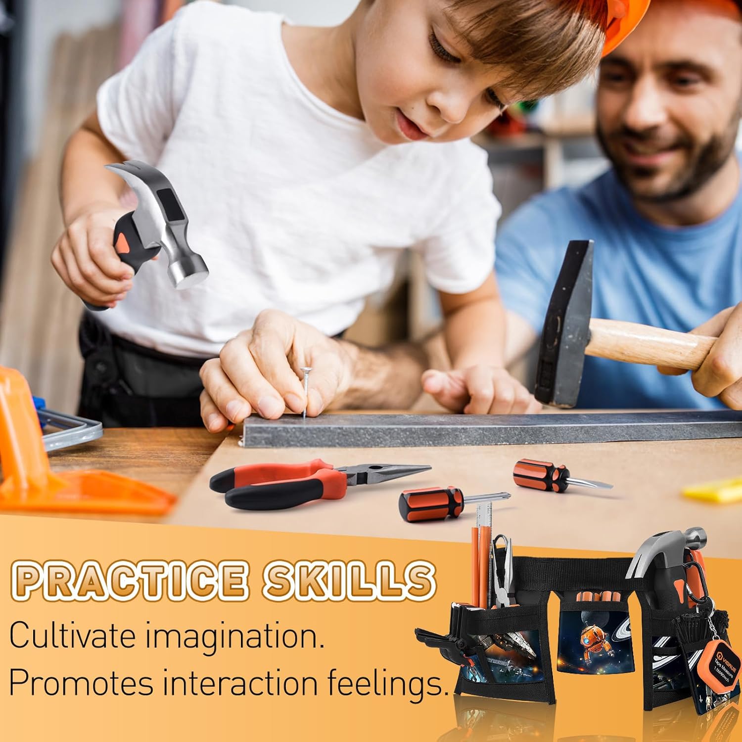 VIGRUE Juego de herramientas para niños, kit de herramientas manuales reales con cinturón y bolsa, accesorios de aprendizaje pequeños para