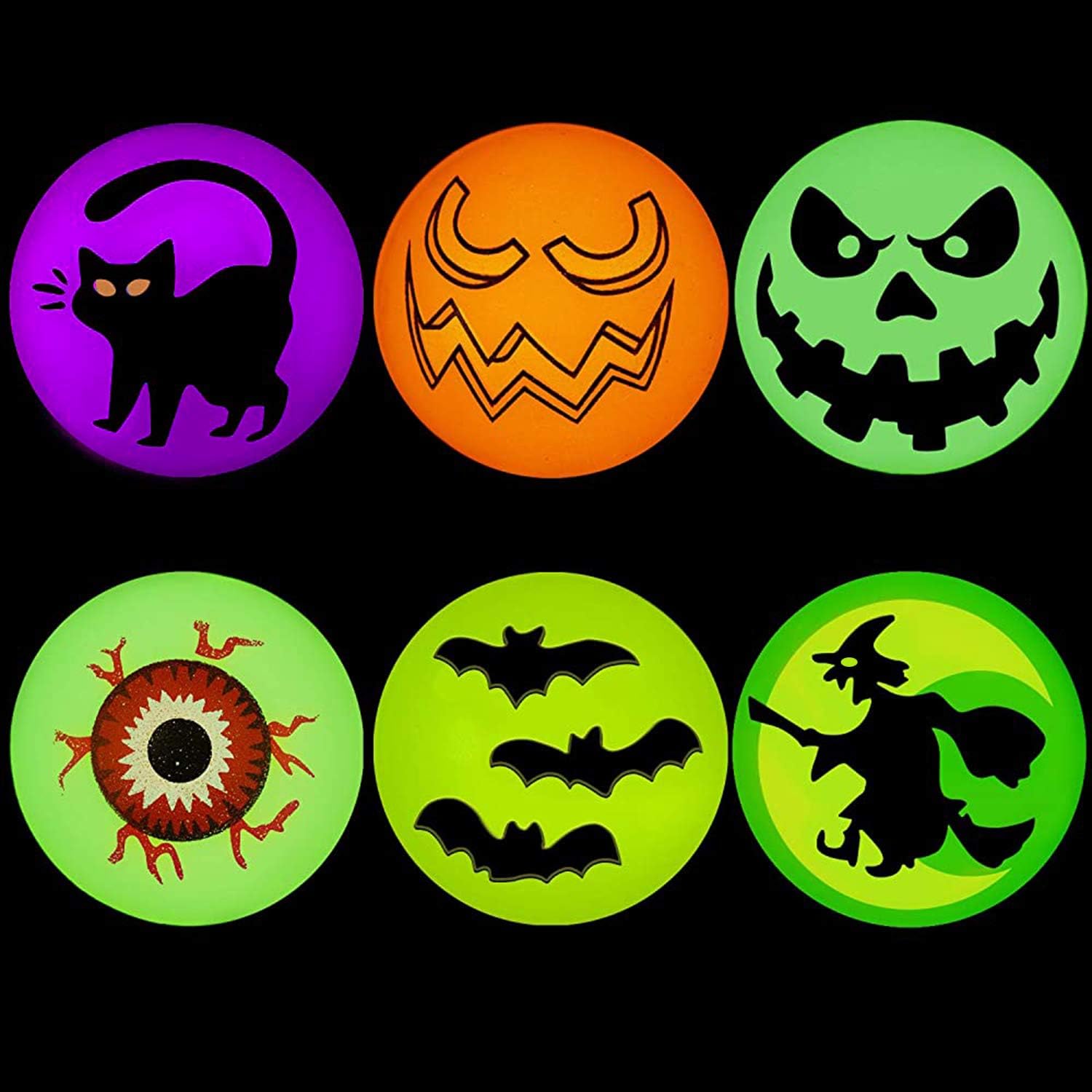 72 bolas rebotadoras de Halloween, 6 diseños temáticos de Halloween que brillan en la oscuridad, suministros de recuerdo de fiesta de Halloween,