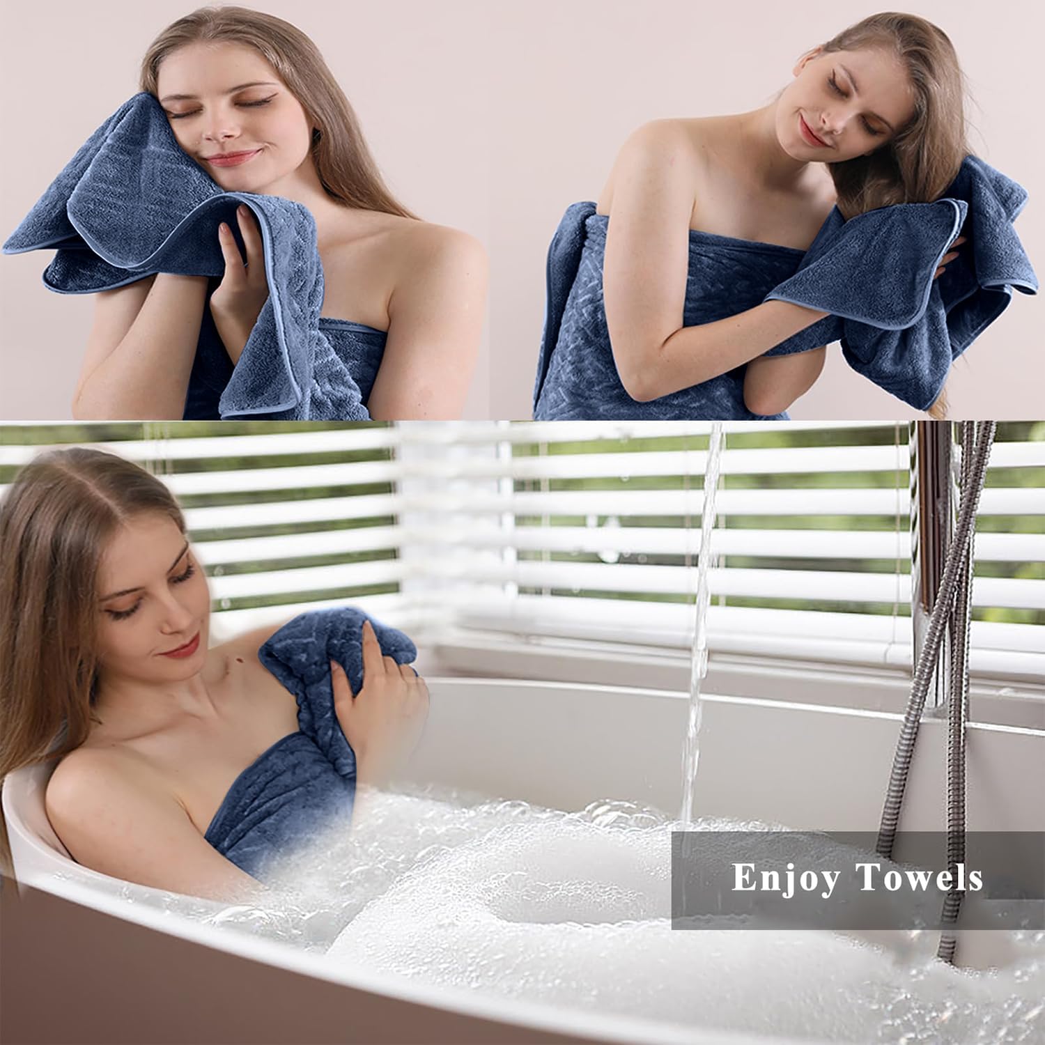 CHINO Juego de 8 toallas de baño de gran tamaño, color azul marino, 2 toallas de baño grandes, 2 toallas de mano y 4 paños para la cara, juego de