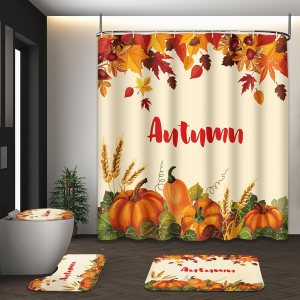 Juego de cortinas de ducha de otoño con tapa de inodoro y alfombras antideslizantes, 4 cortinas de ducha para baño, calabaza naranja, hojas de arce, Juego de cortinas de ducha de otoño con tapa de inodoro y alfombras antideslizantes, 4 cortinas de ducha para baño, calabaza naranja, hojas de arce,