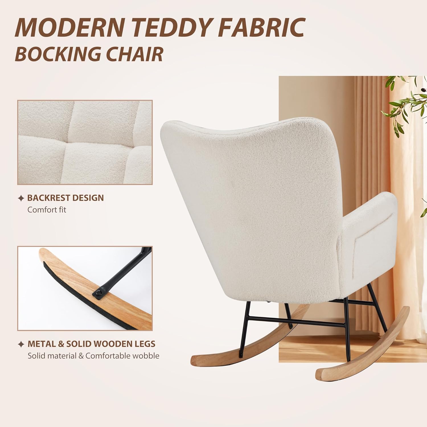 Mecedora para guardería, mecedora tapizada de peluche con respaldo alto, silla reclinable con bolsillo para dormitorio, sala de estar, oficina,