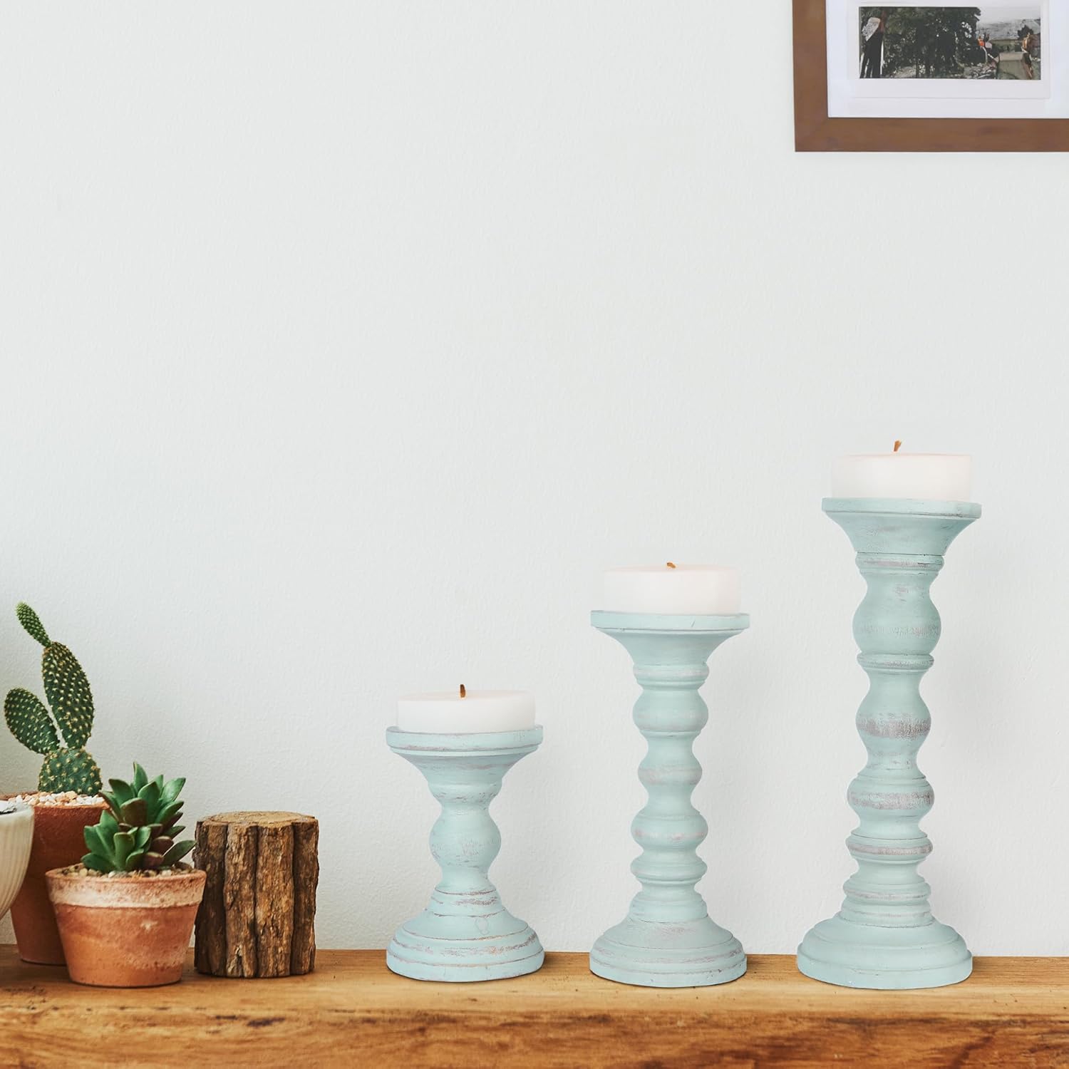 Portavelas “Willow” para velas de pilar (azul ópalo, juego de 3), portavelas de madera de mango, portavelas de madera de granja, soporte de velas
