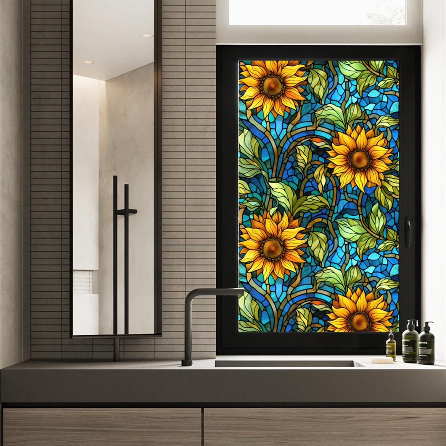 Película de privacidad de girasoles para vitral, película de privacidad no adhesiva, película de vidrieras para baño, ducha, puerta, calor, anti UV,