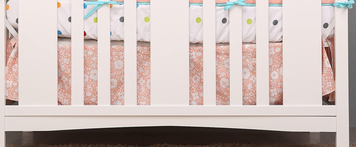 Juego de ropa de cama para cuna de guardería floral rosa para niñas, juego de cama de 4 piezas de acuarela con flores rosas con cenefa de ventana