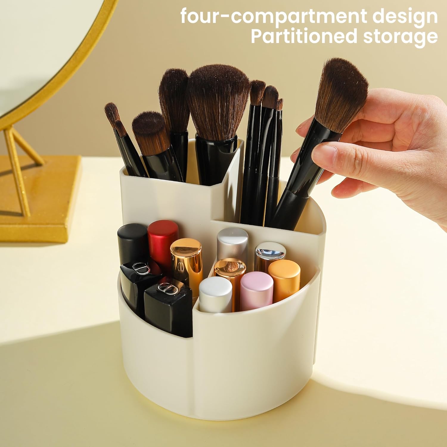 CUIUD Organizador de brochas de maquillaje para tocador rotación de 360, organizador multifuncional de cosméticos con 4 ranuras y organizador de