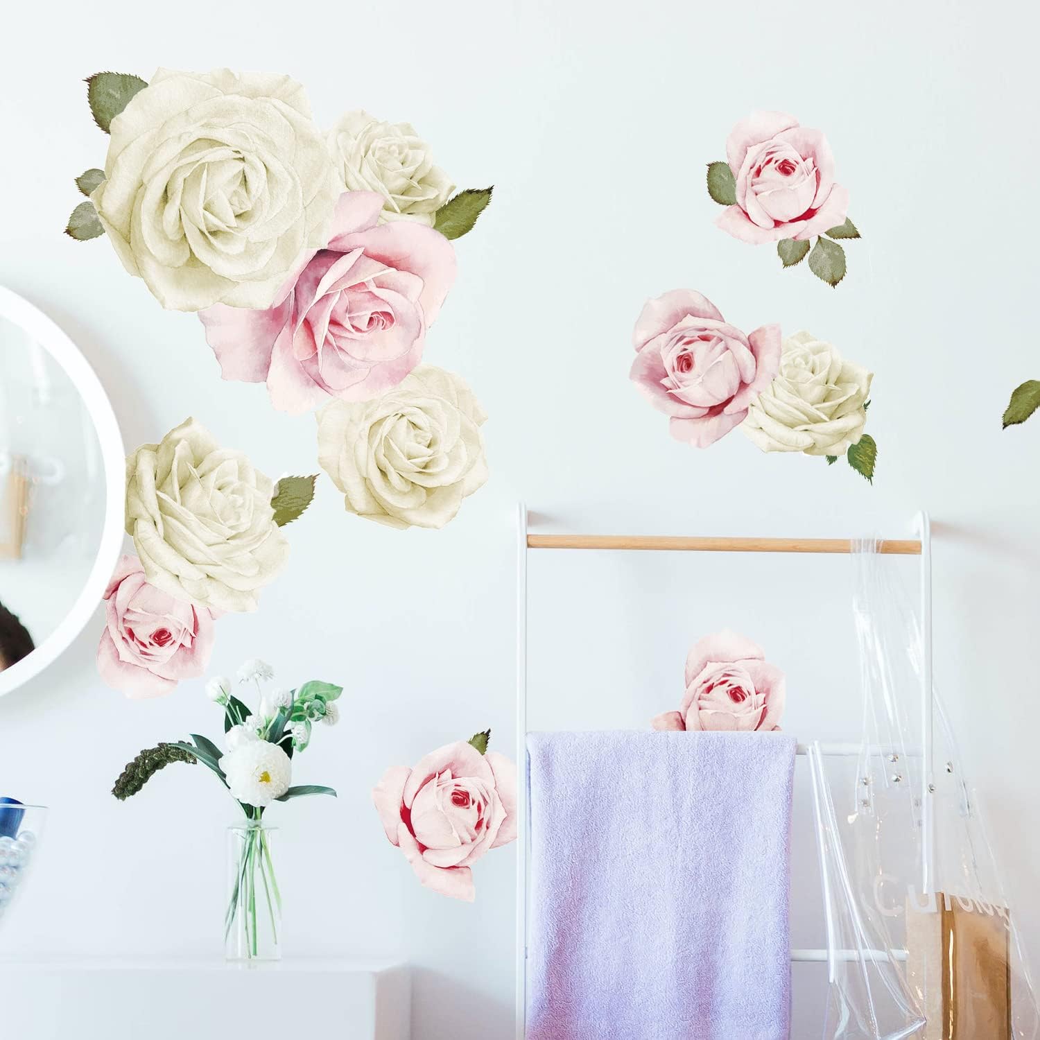 Calcomanías de pared de rosas de acuarela (acuarela rosa y blanca)