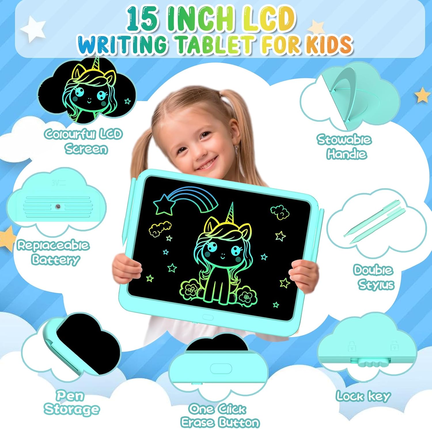 Tableta de escritura LCD para niños de 15 pulgadas, almohadilla de dibujo para colorear para niños pequeños, tablilla de dibujo para niños, juguetes