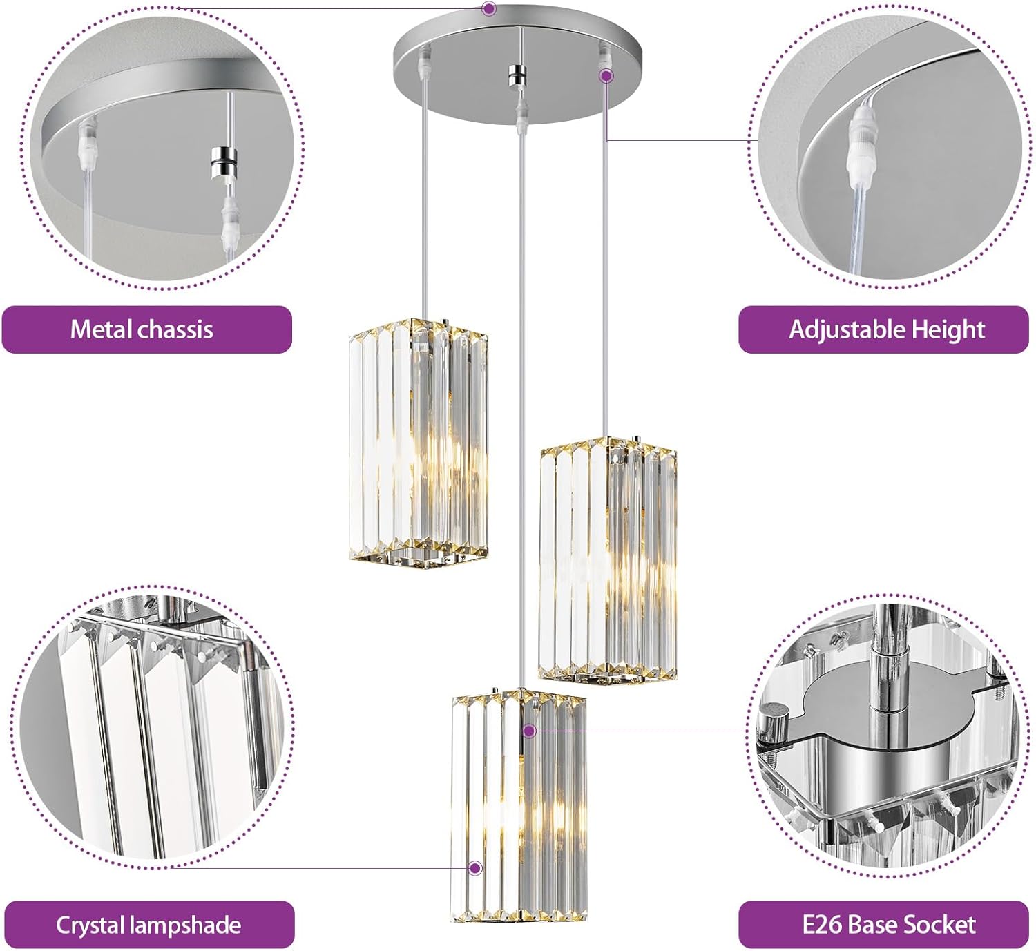 Lámpara colgante moderna cromada rectangular de iluminación colgante mini candelabros de cristal, lámpara colgante ajustable para cocina, isla,