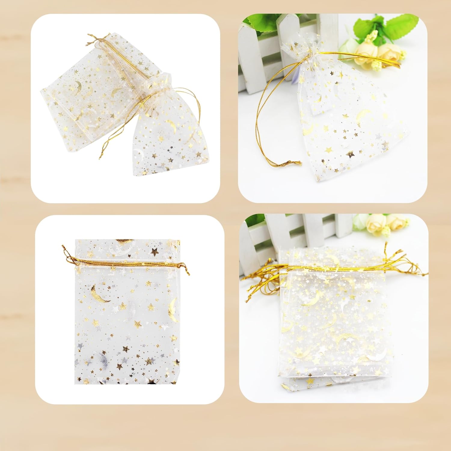 QIANHAILIZZ – 100 bolsas de organza con diseño de estrellas y lunas para joyas, para regalo de caramelos, regalo de matrimonio, con cordón ajustable.