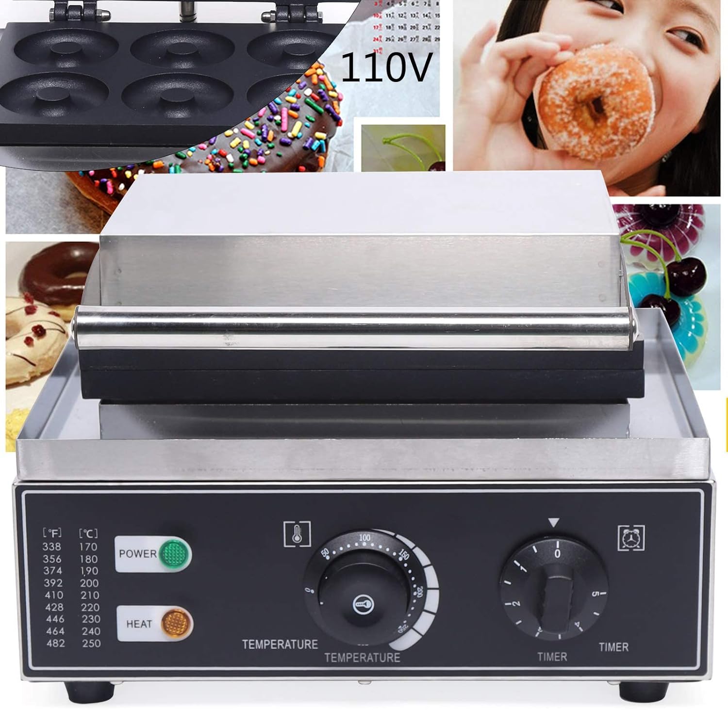 Máquina eléctrica comercial para hacer donas de gofres, temperatura de 122 a 572  para hacer donas antiadherentes de 110 V, temperatura de 122 a 572