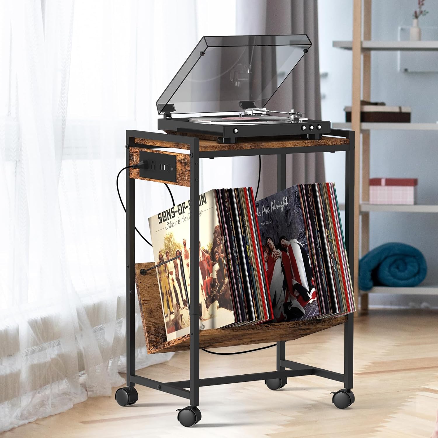 CADUKE Soporte para tocadiscos de 2 niveles con almacenamiento para discos de vinilo con ruedas, mesita de noche industrial con estación de carga