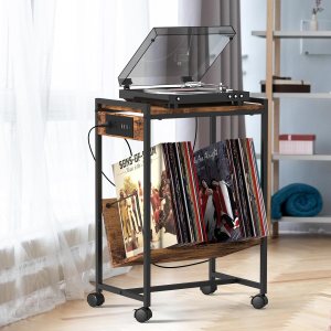 CADUKE Soporte para tocadiscos de 2 niveles con almacenamiento para discos de vinilo con ruedas, mesita de noche industrial con estación de carga CADUKE Soporte para tocadiscos de 2 niveles con almacenamiento para discos de vinilo con ruedas, mesita de noche industrial con estación de carga