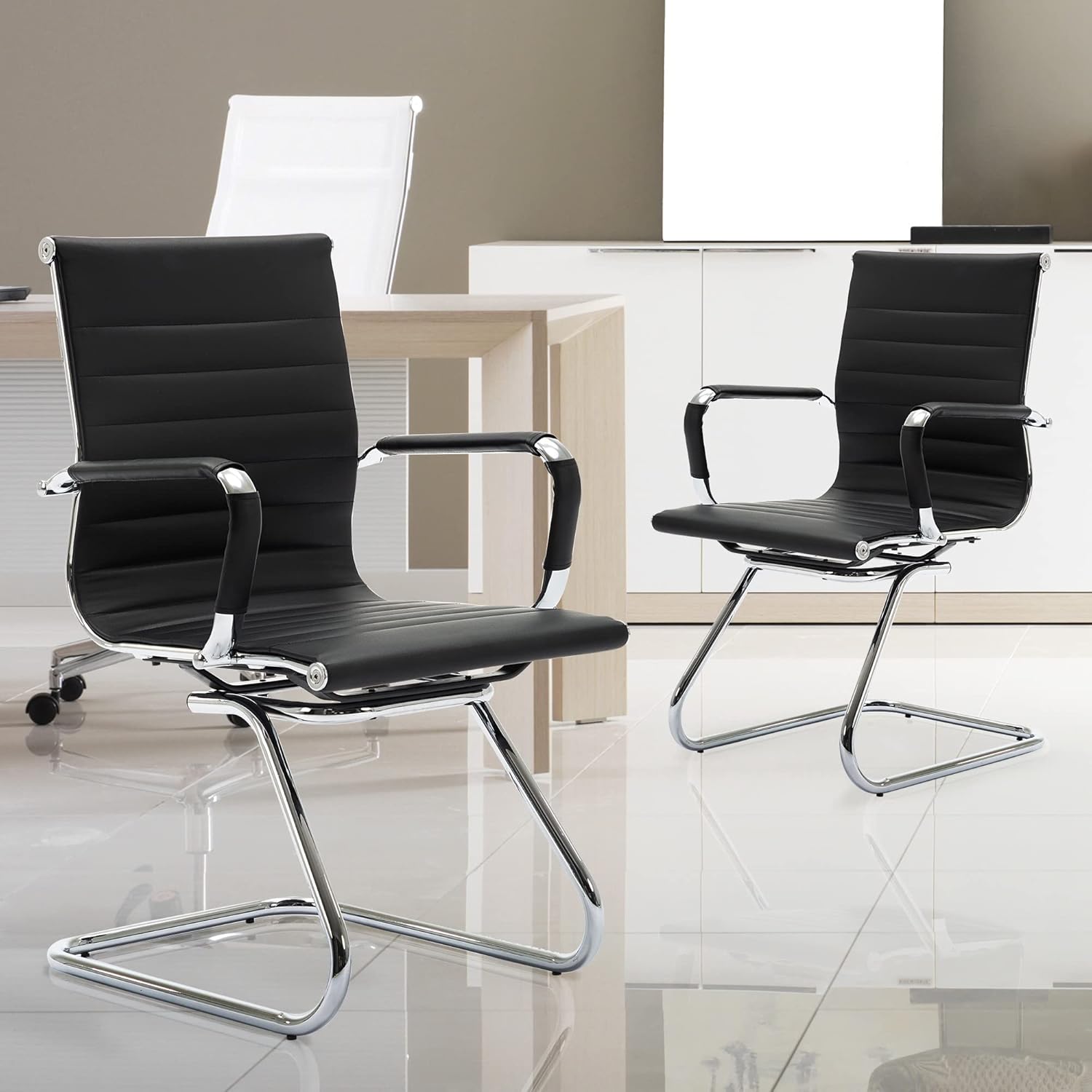 Wahson Silla de oficina de piel resistente para invitados respaldo medio, sillas de cuarto de conferencia, recepcion, set de 2 , Cuero, Negro