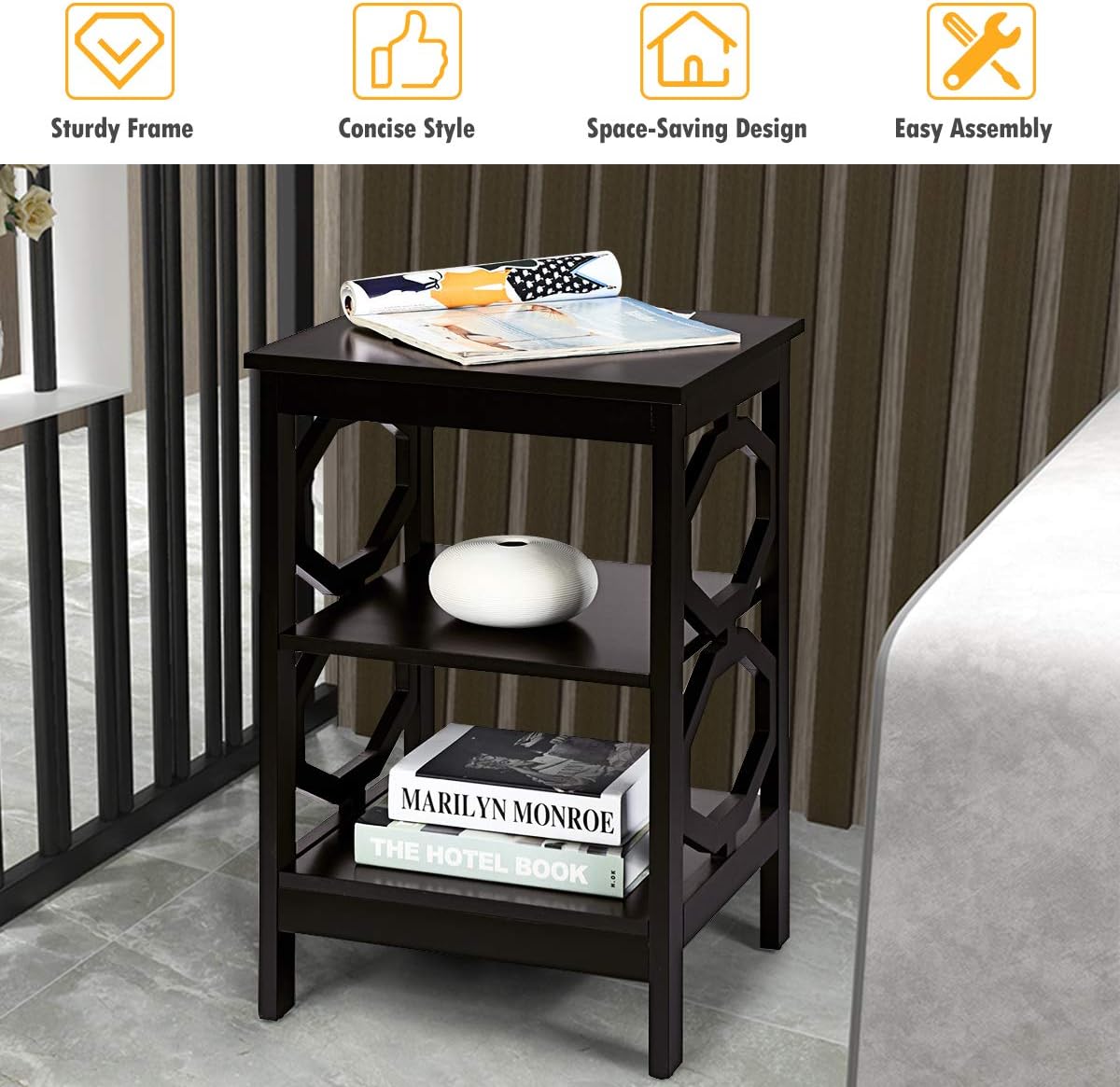 KOTEK Juego de 2 mesitas de noche de 3 niveles, mesa auxiliar de madera para sofá con estantes de almacenamiento, estructura estable, mesa auxiliar
