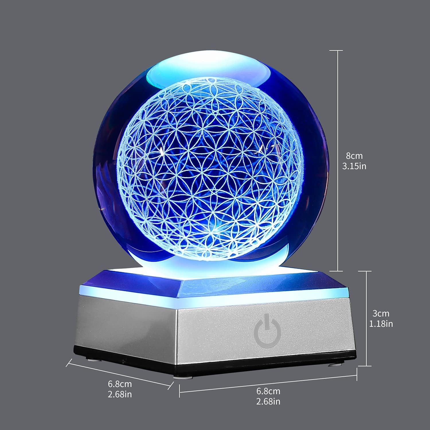 Bola de cristal 3D de flor de la vida con base táctil de iluminación colorida LED, rejilla curativa de chakras, globo de flores para decoración