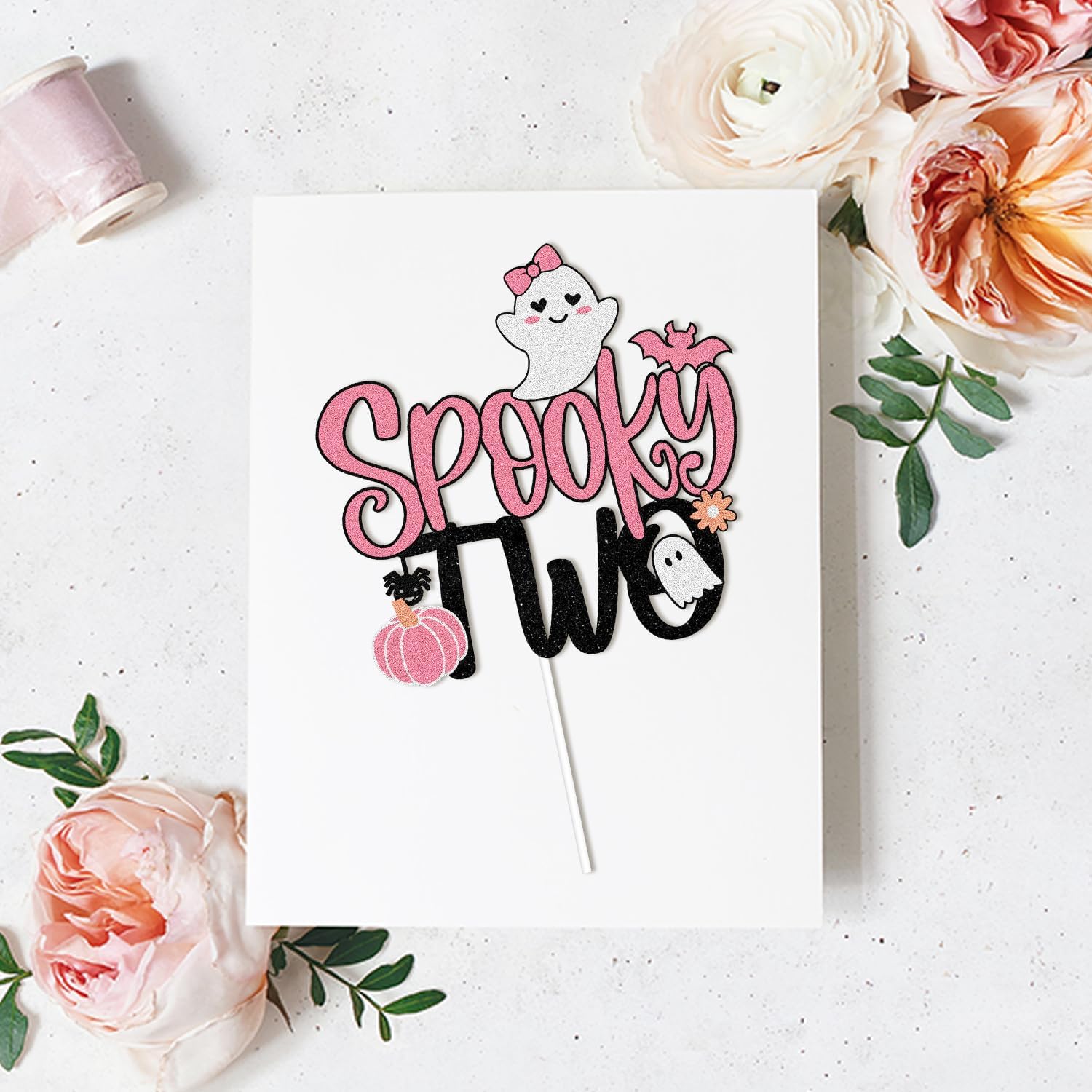 Spooky Two Halloween Happy 2nd Birthday Cake Topper  Boo I’m Two Spooky Ghost Pink Glitter Cake Topper  Feliz segundo cumpleaños fiesta para niña