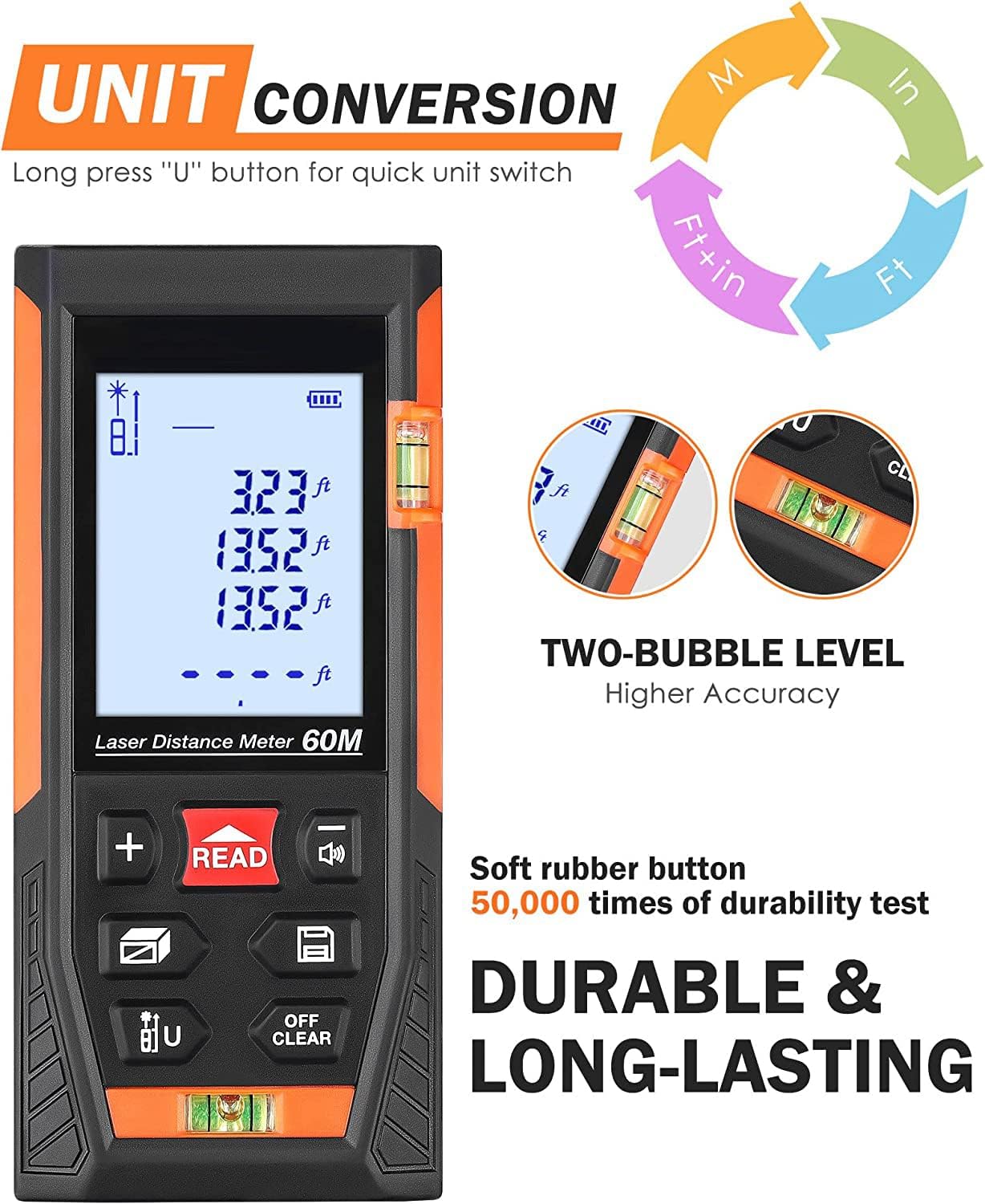 Medición láser clásica, medición láser digital con 2 niveles de burbuja, cambio de unidad Minpiepie+in, LCD retroiluminado, IP54 a prueba de golpes