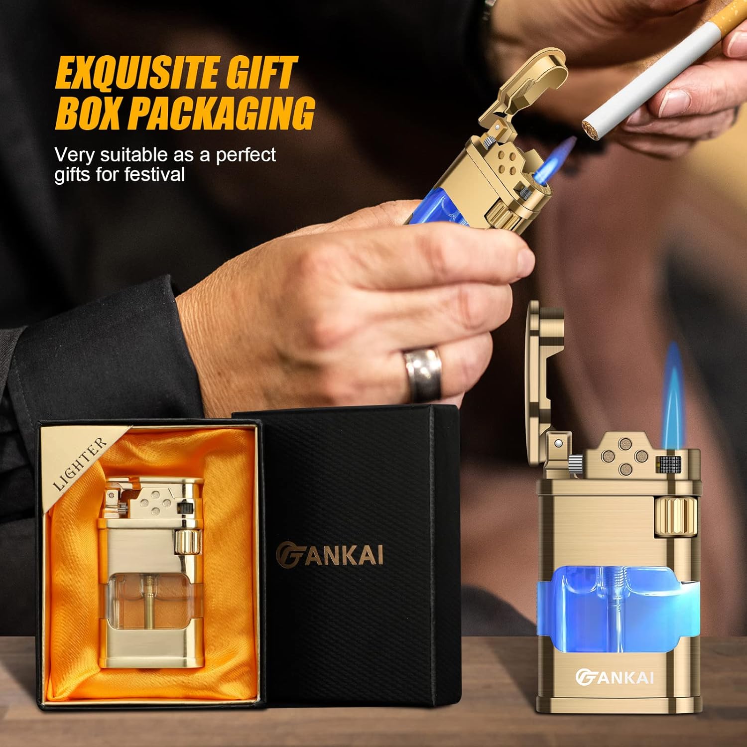 FANKAI – Encendedor de butano con luz LED, encendedor de butano de un solo chorro con 6 pedernales reemplazables, encendedores fríos recargables con