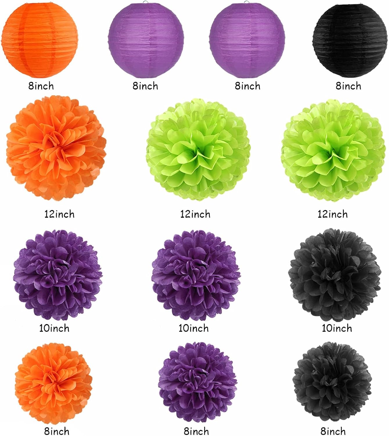 Decoraciones de fiesta de Halloween, color negro, morado, naranja, verde, 20 linternas de papel, pompones de tejido, bolas de panal, hotel