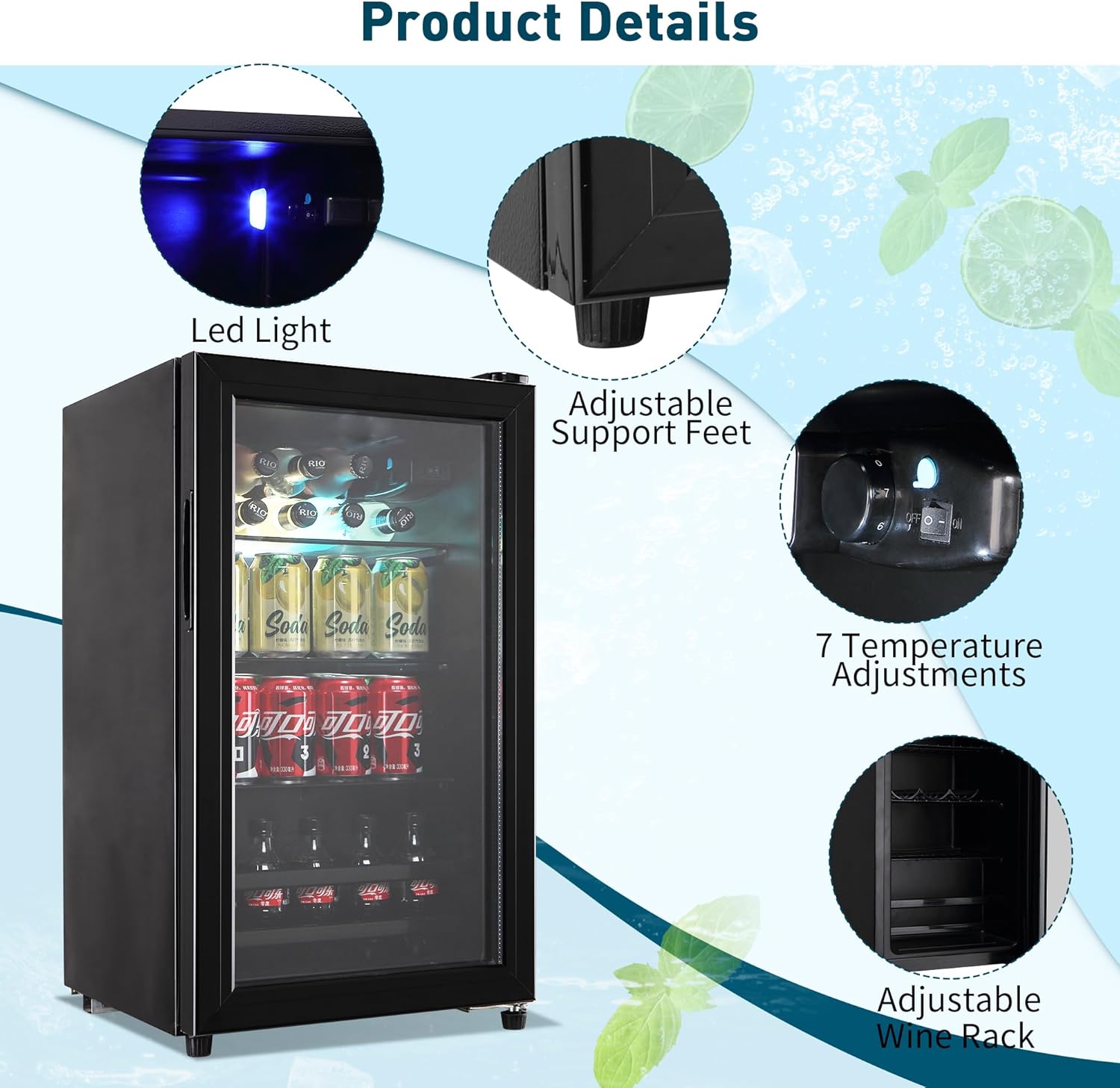 Tymyp Refrigerador de bebidas, mini refrigerador de 120 latas, refrigerador de vino con estantería ajustable y puerta de vidrio para cerveza de soda